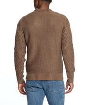 Back view of a men’s Zig Zag Cable Knit Crew sweater in Flagstone, showcasing its textured design and comfortable fit.