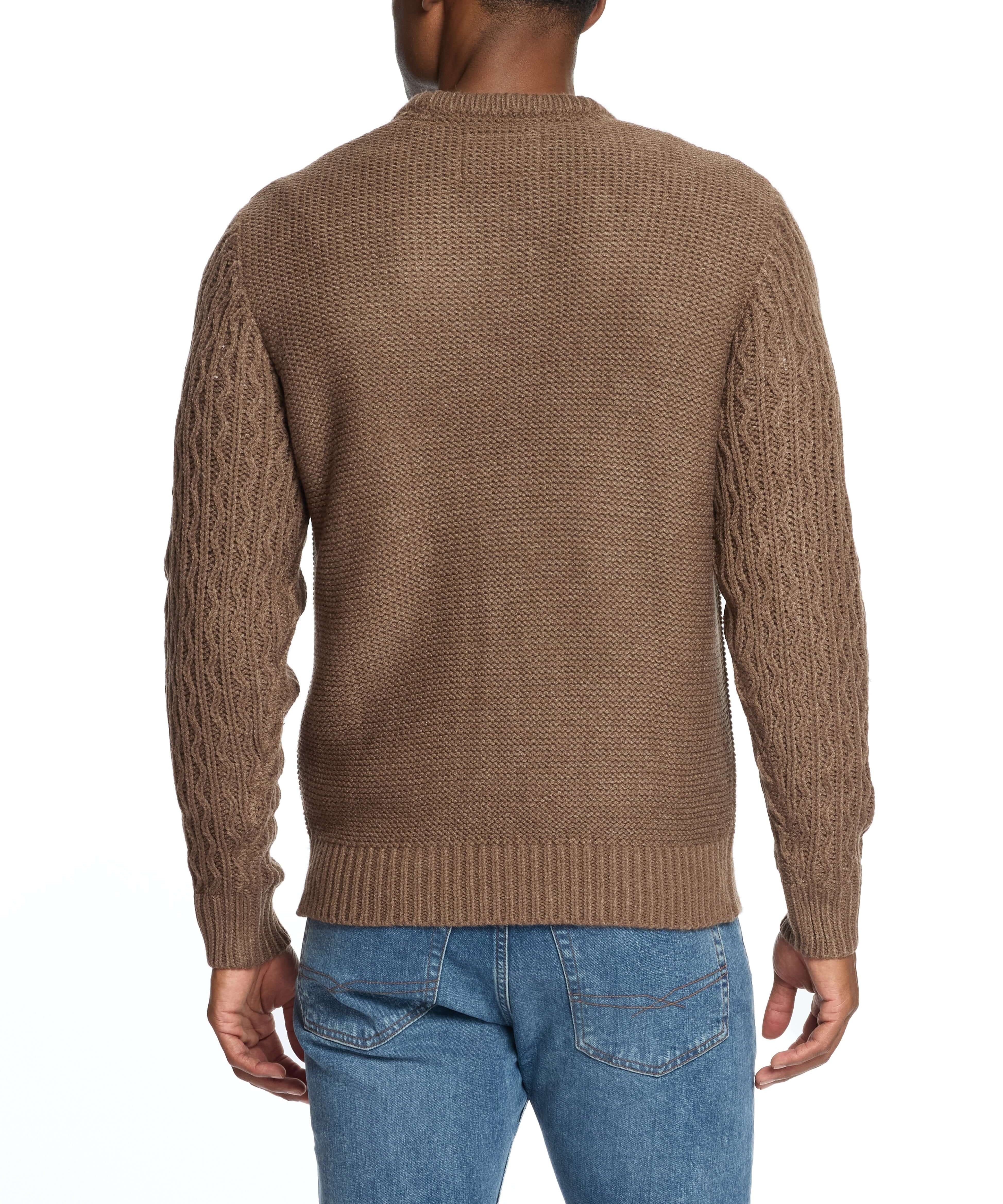 Back view of a men’s Zig Zag Cable Knit Crew sweater in Flagstone, showcasing its textured design and comfortable fit.