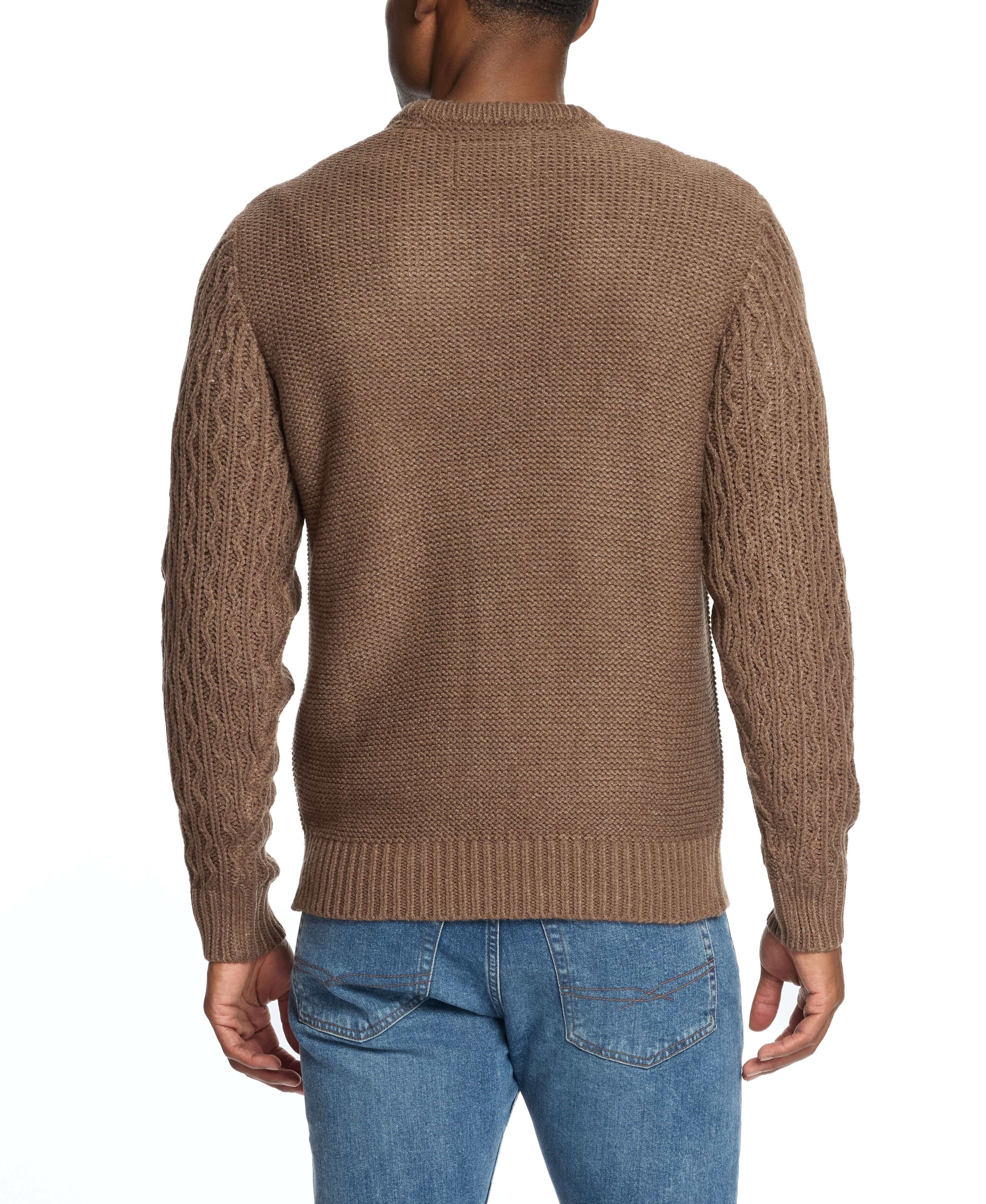 Back view of a men’s Zig Zag Cable Knit Crew sweater in Flagstone, showcasing its textured design and comfortable fit.