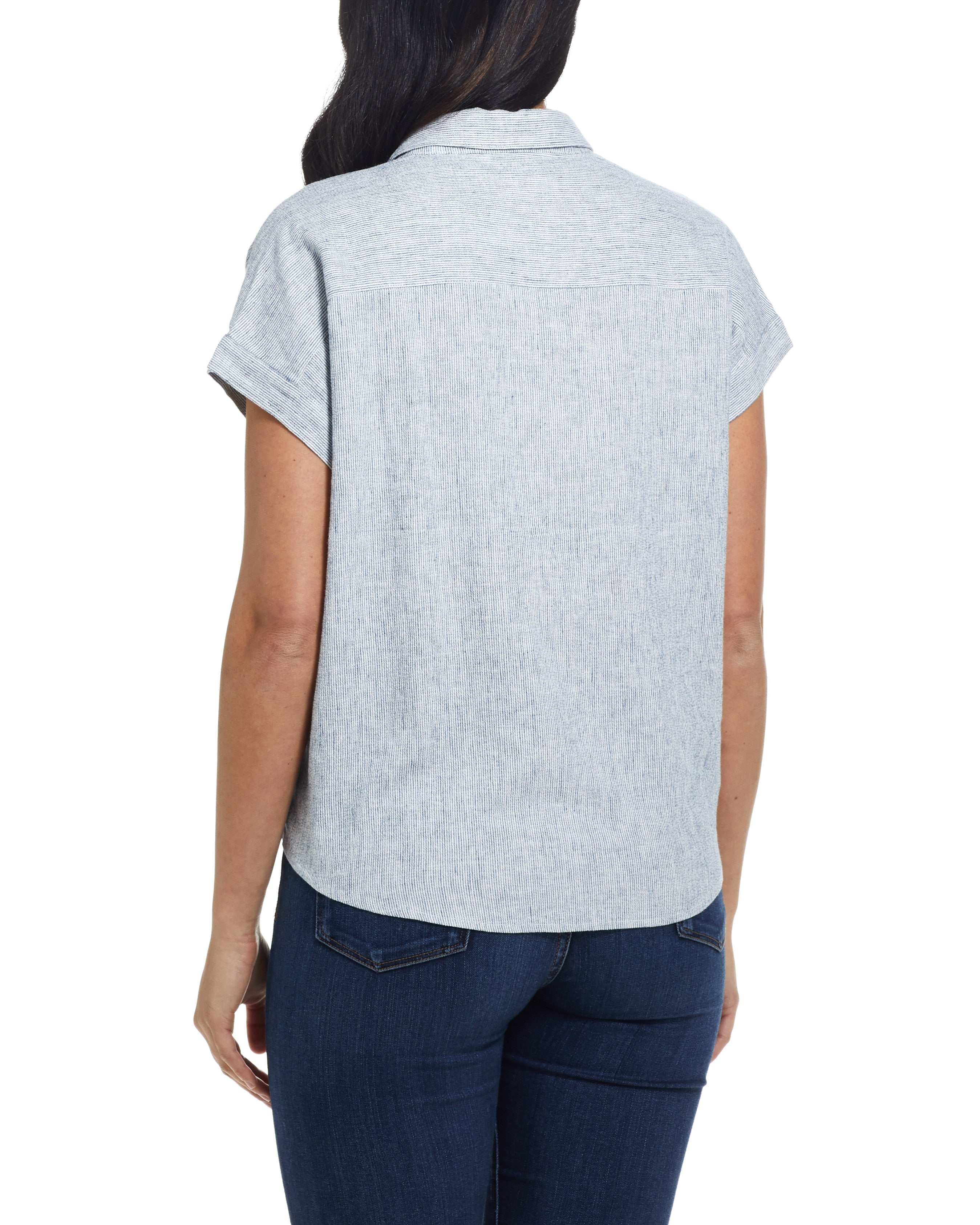 Tie Front Linen shirt in Blue Pinstripe