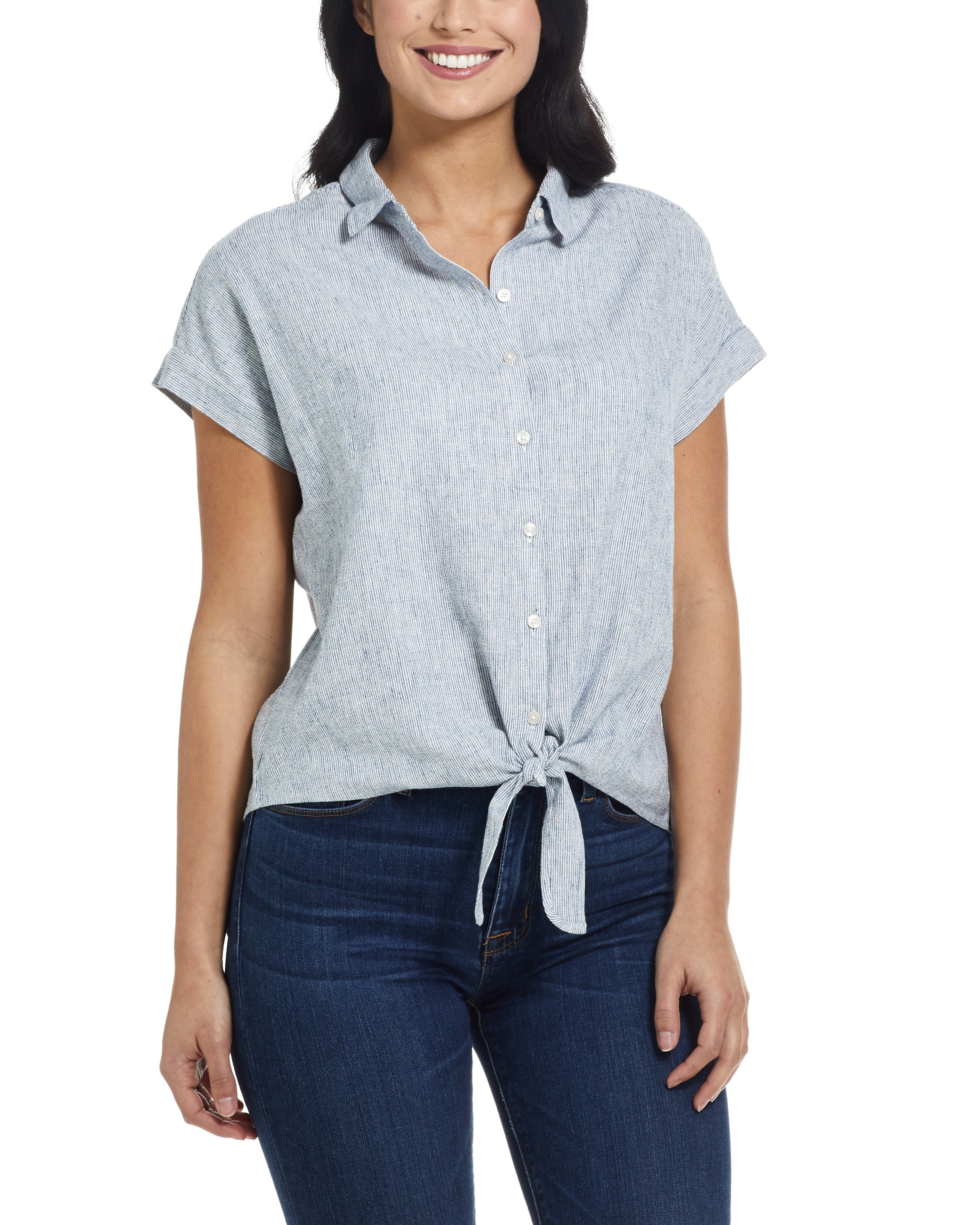 Tie Front Linen shirt in Blue Pinstripe