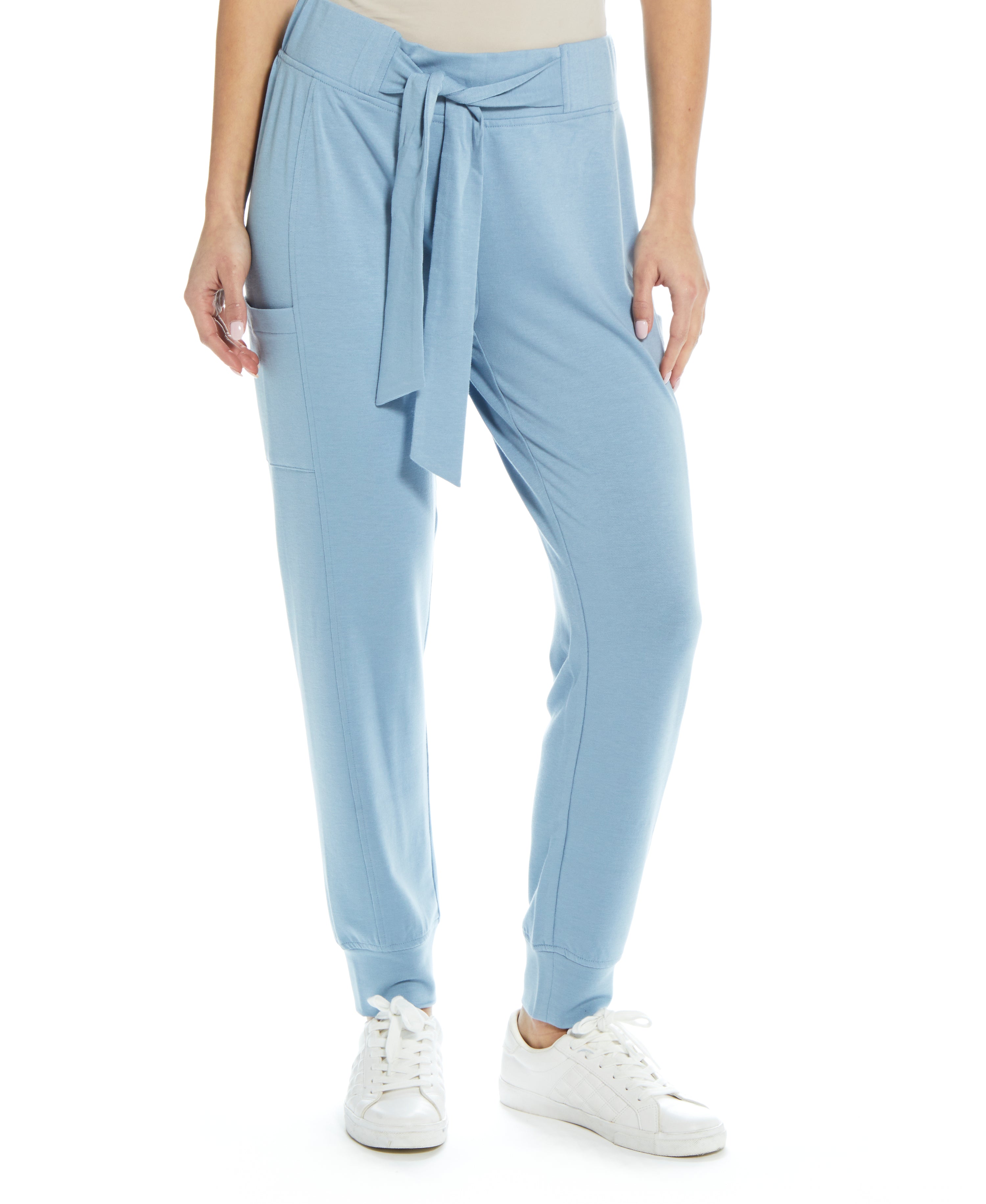 WOMEN'S BELTED TERRY PANT IN DUSTY BLUE