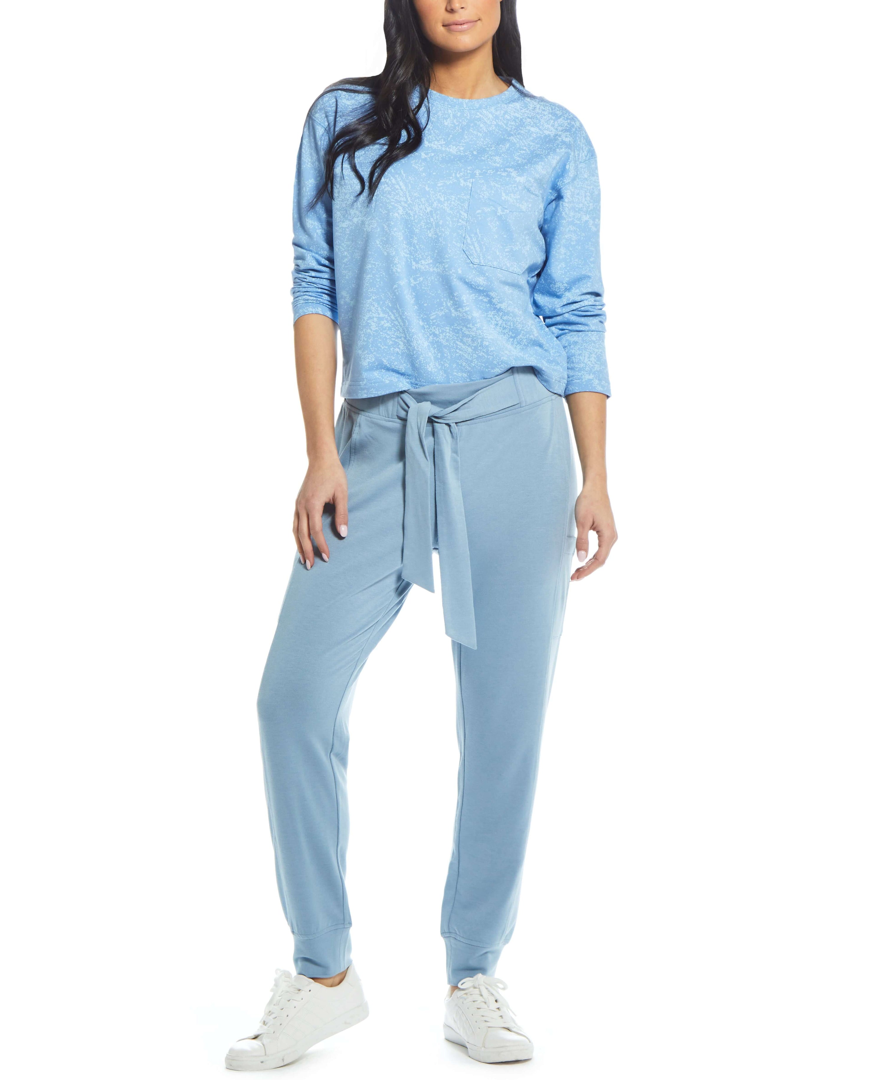 WOMEN'S BELTED TERRY PANT IN DUSTY BLUE