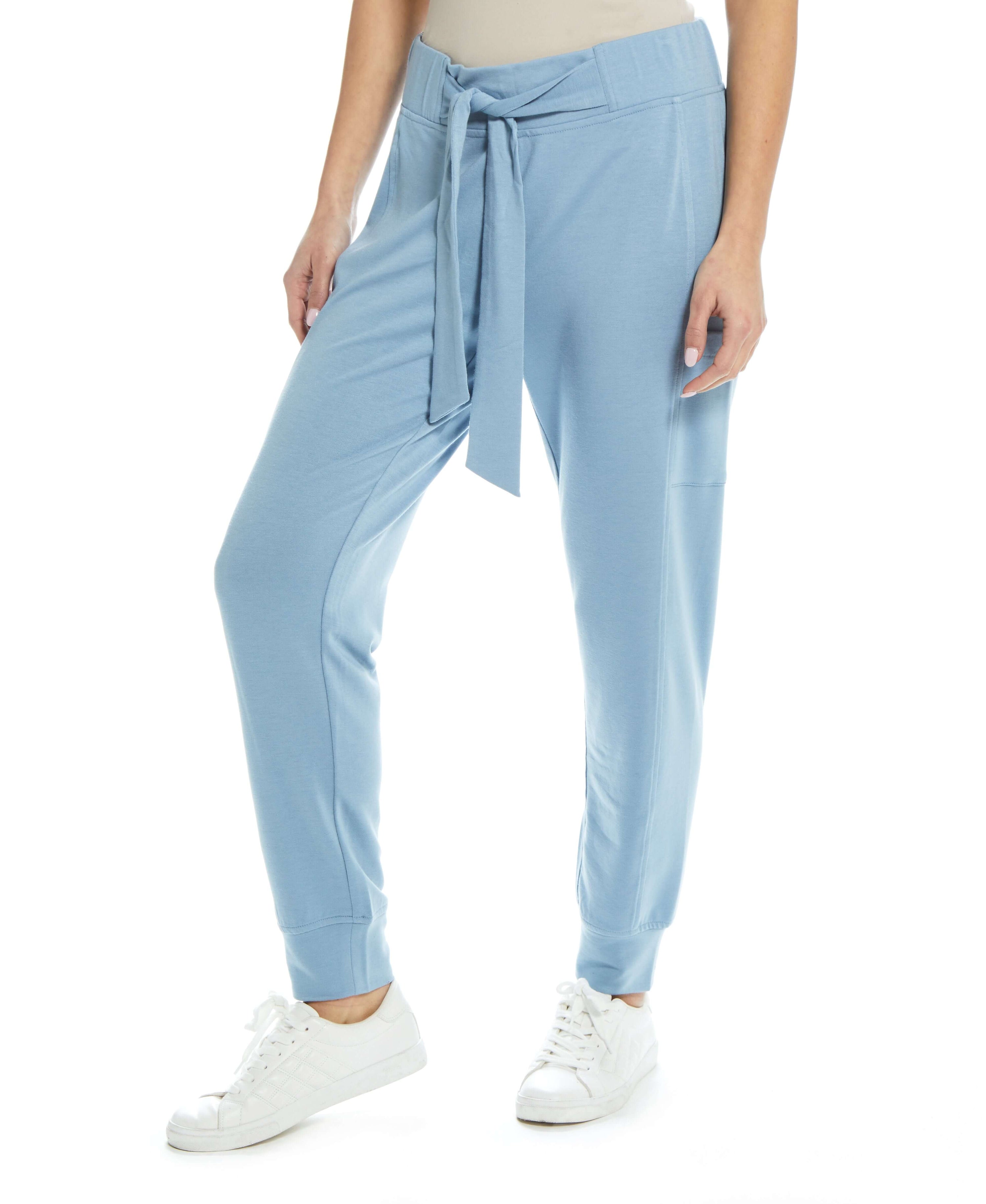 WOMEN'S BELTED TERRY PANT IN DUSTY BLUE