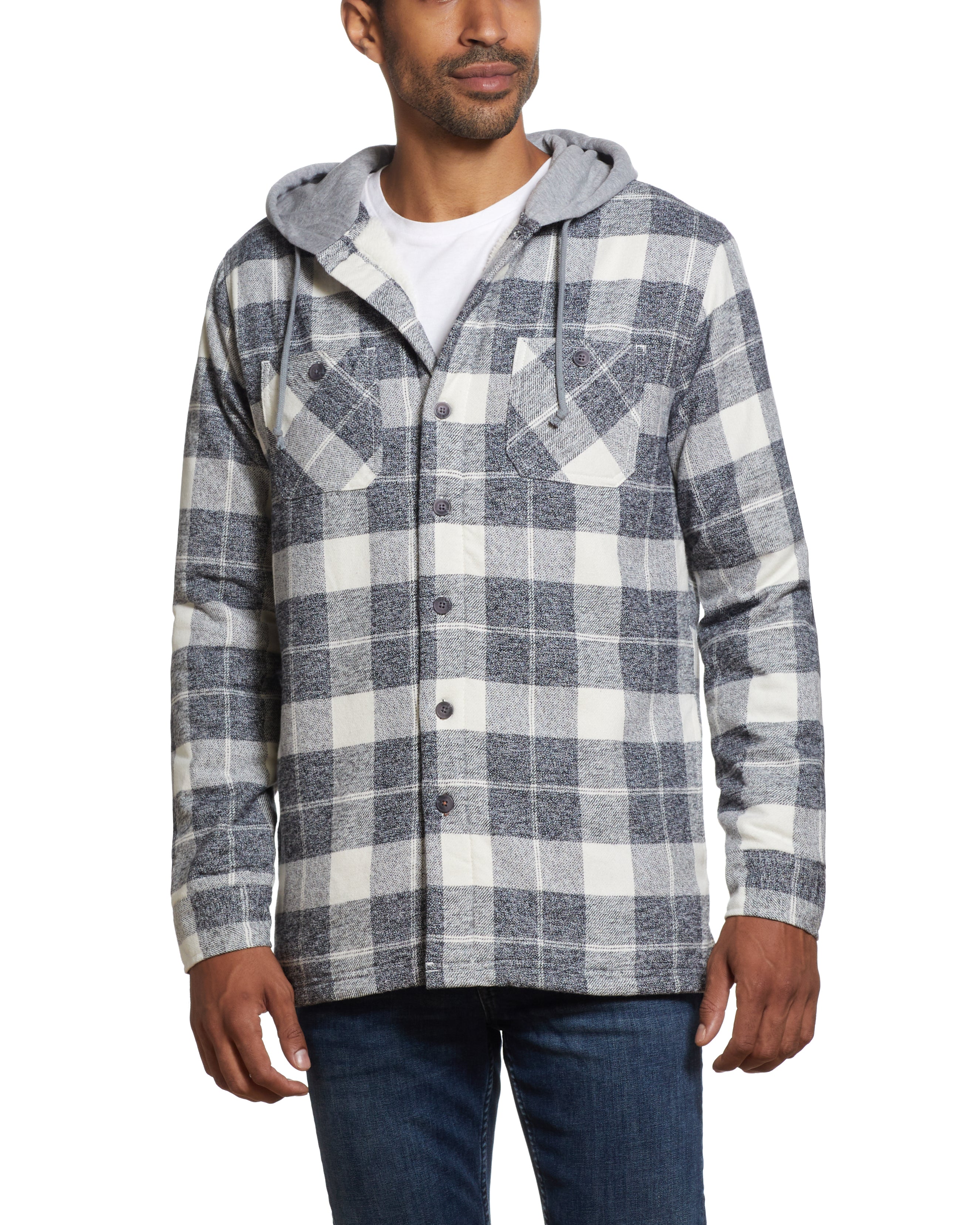 Sherpa Lined Hooded Shirt Jacket In Charcoal