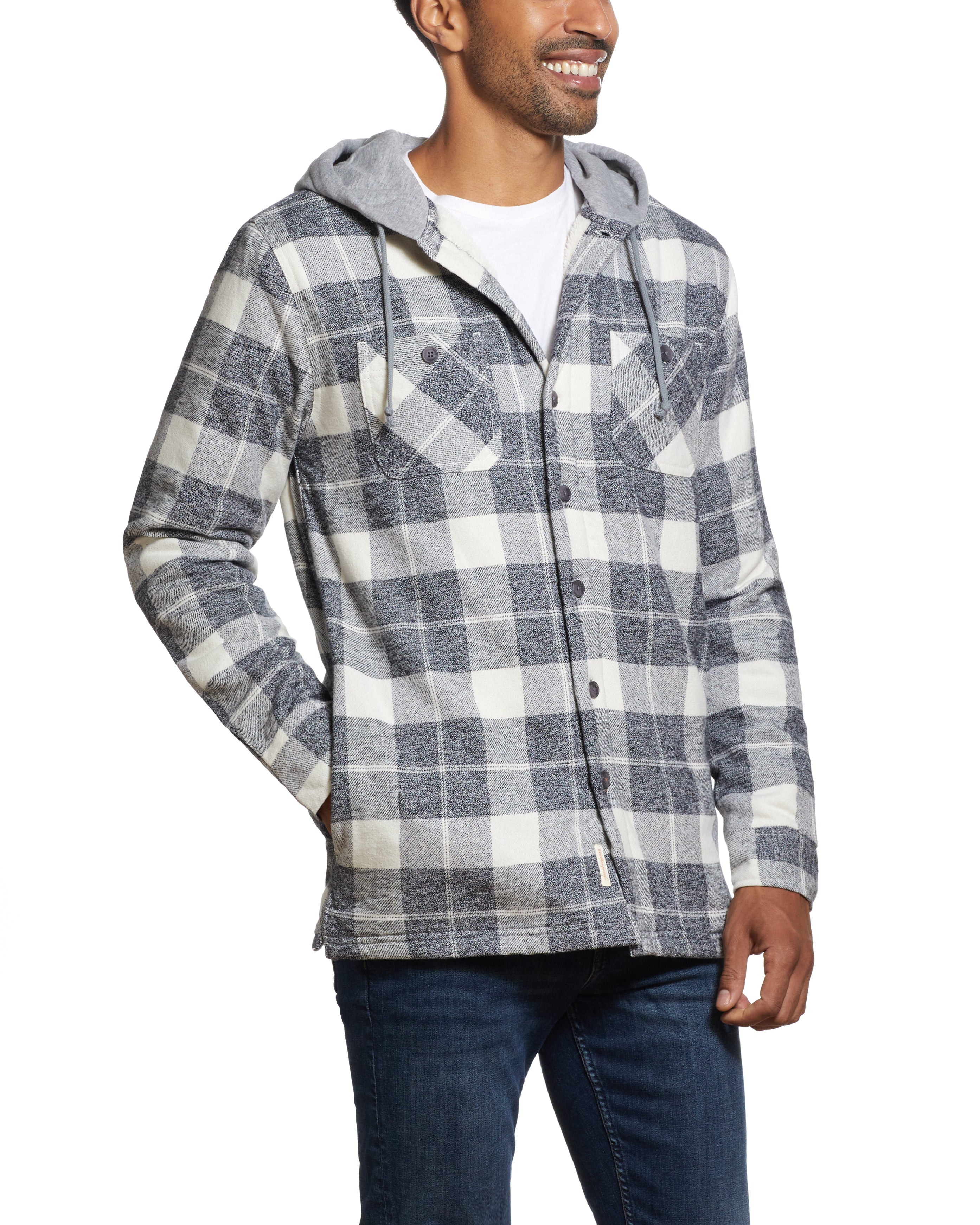 Sherpa Lined Hooded Shirt Jacket In Charcoal