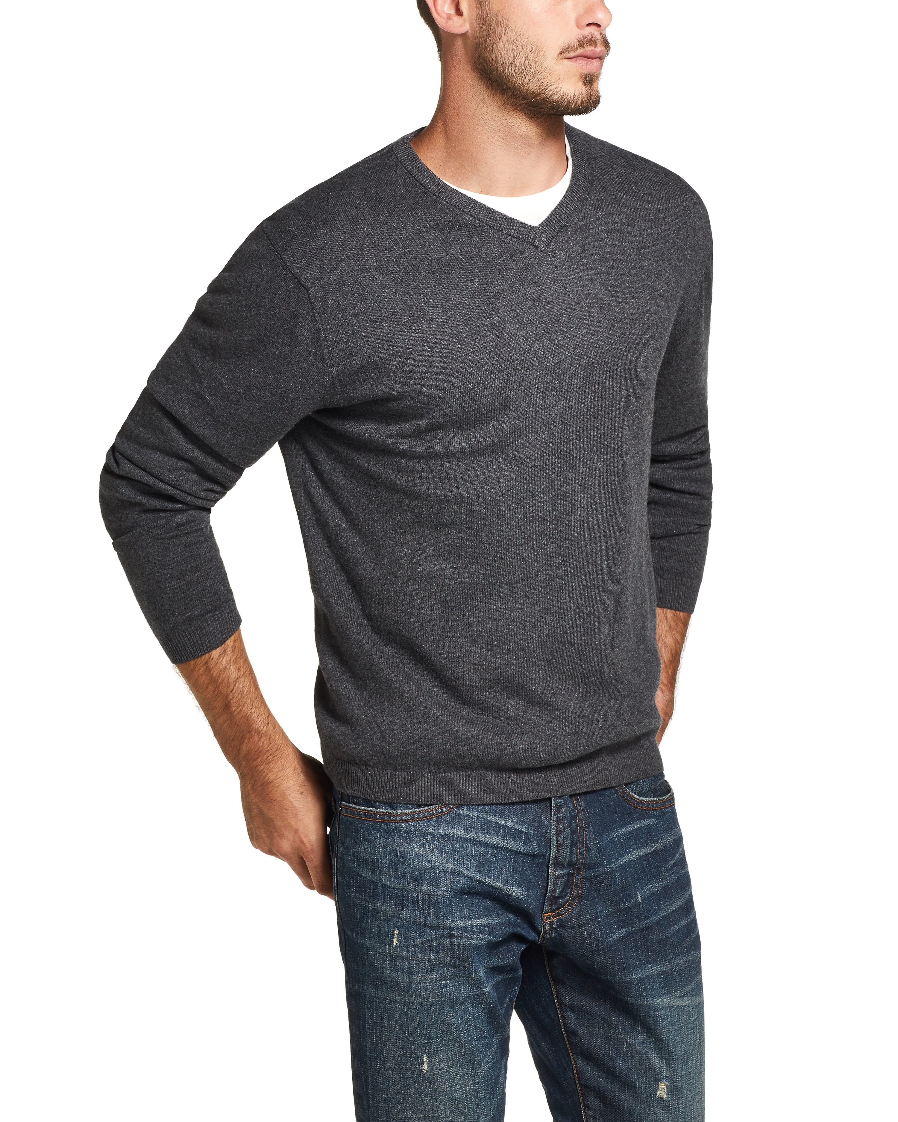 Cotton Cashmere V Neck Sweater in Charcoal Heather