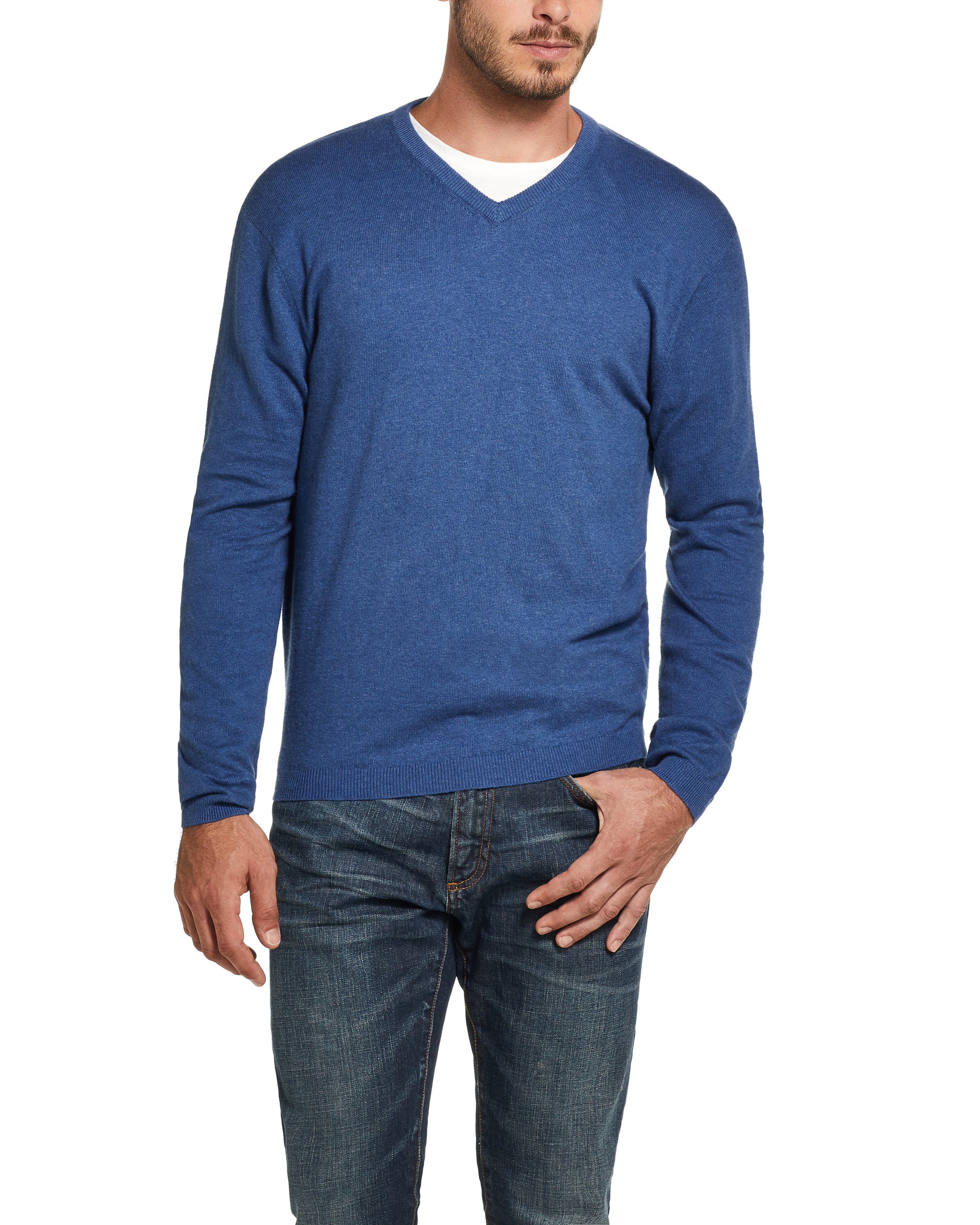 Cotton Cashmere V Neck Sweater in Lake Heather