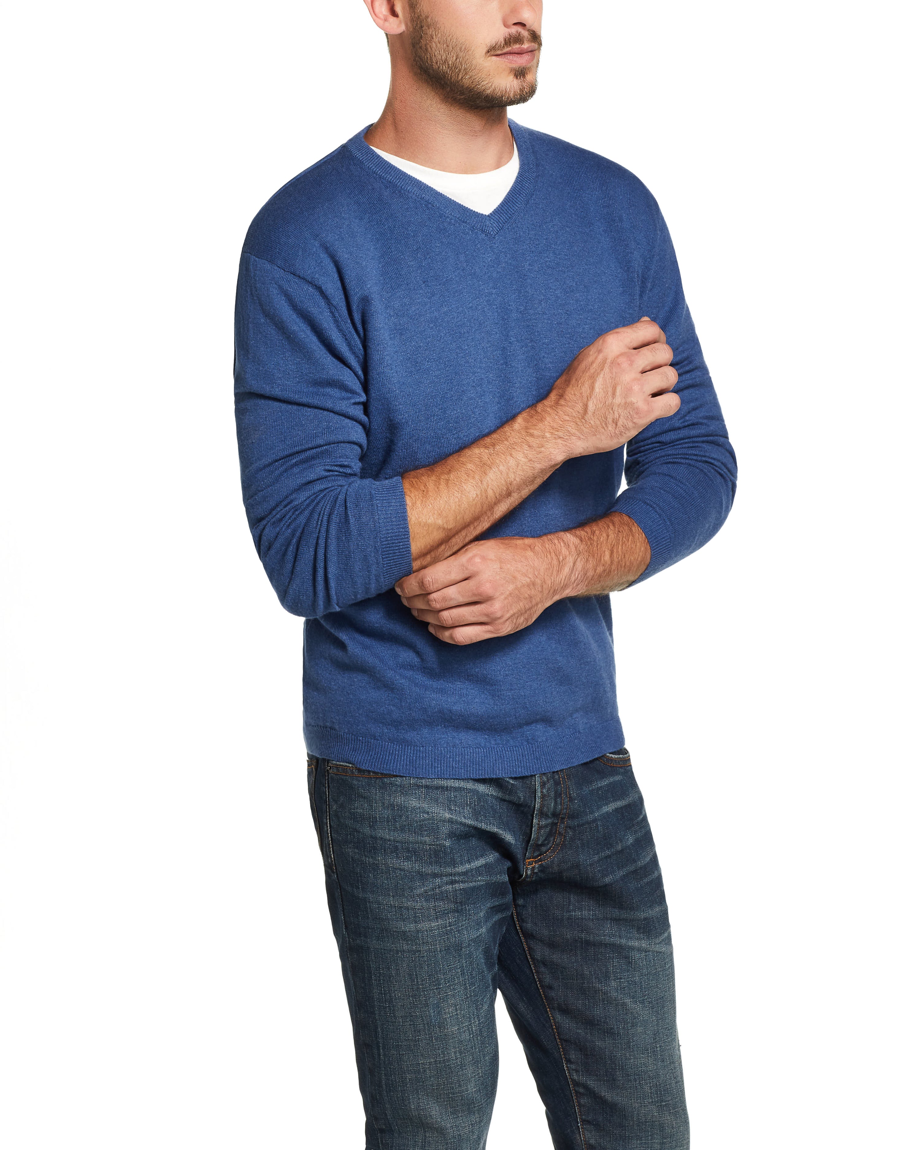 Cotton Cashmere V Neck Sweater in Lake Heather