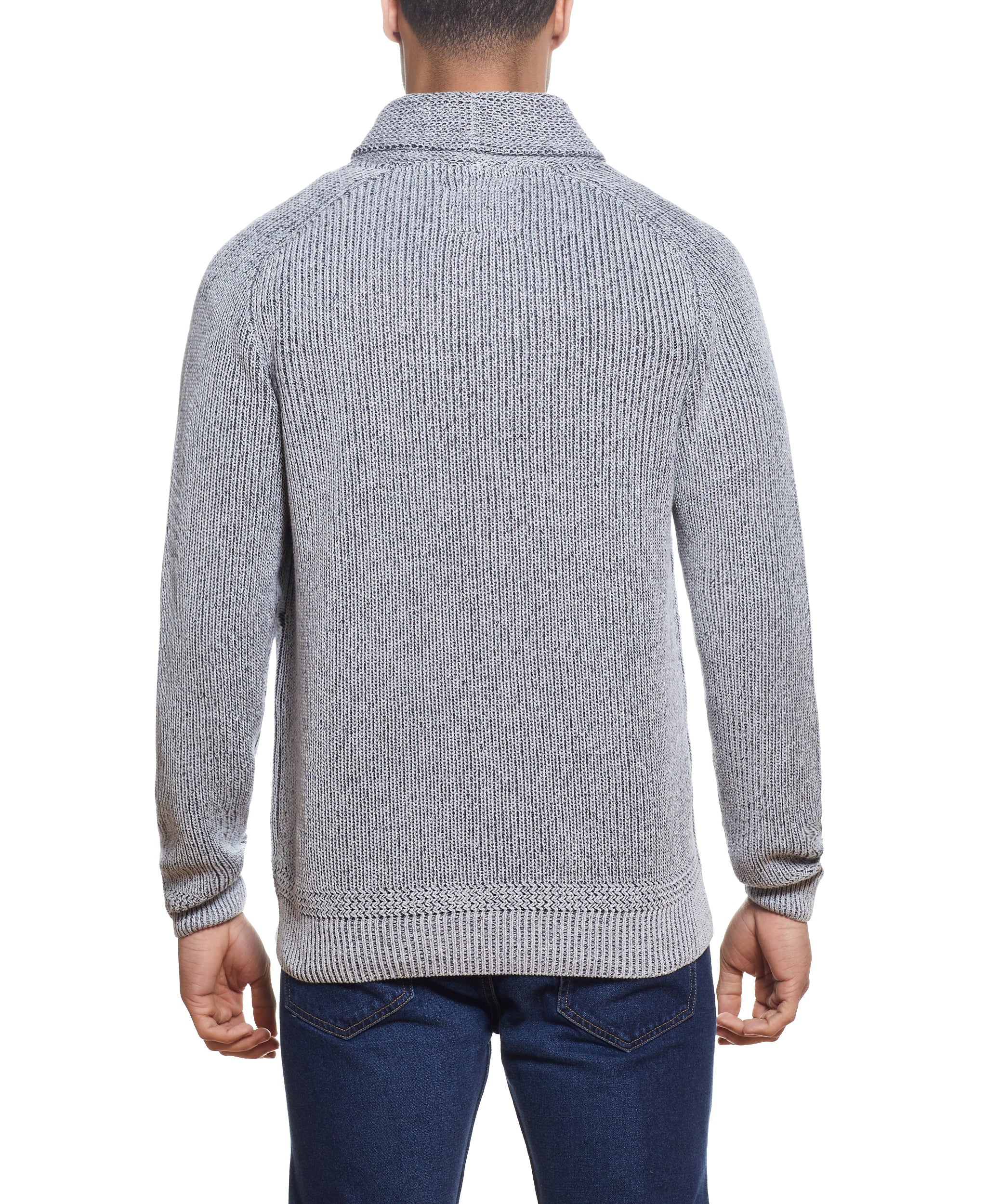 SHAKER TOGGLE SHAWL COLLAR SWEATER IN LIGHT GREY