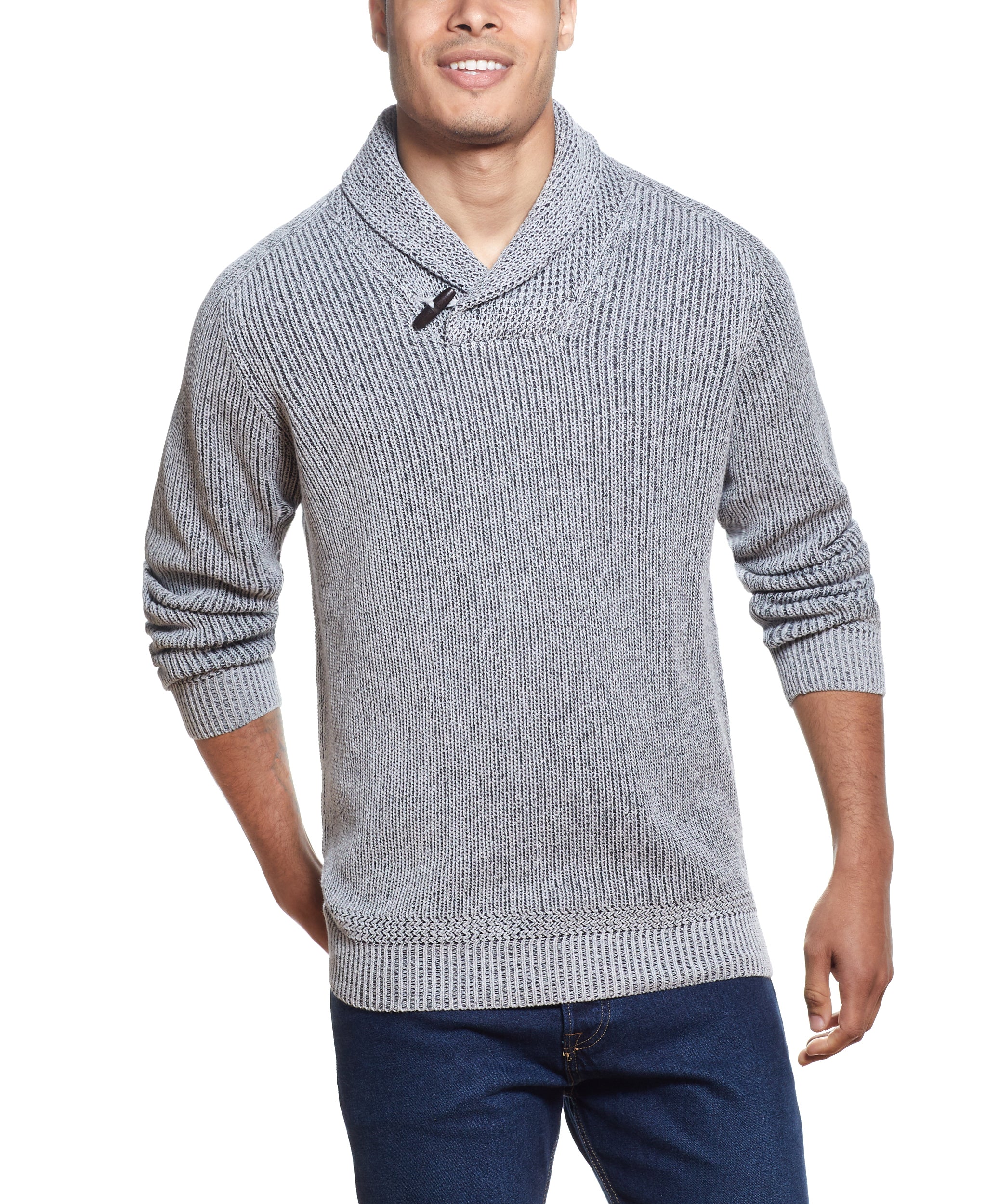 SHAKER TOGGLE SHAWL COLLAR SWEATER IN LIGHT GREY