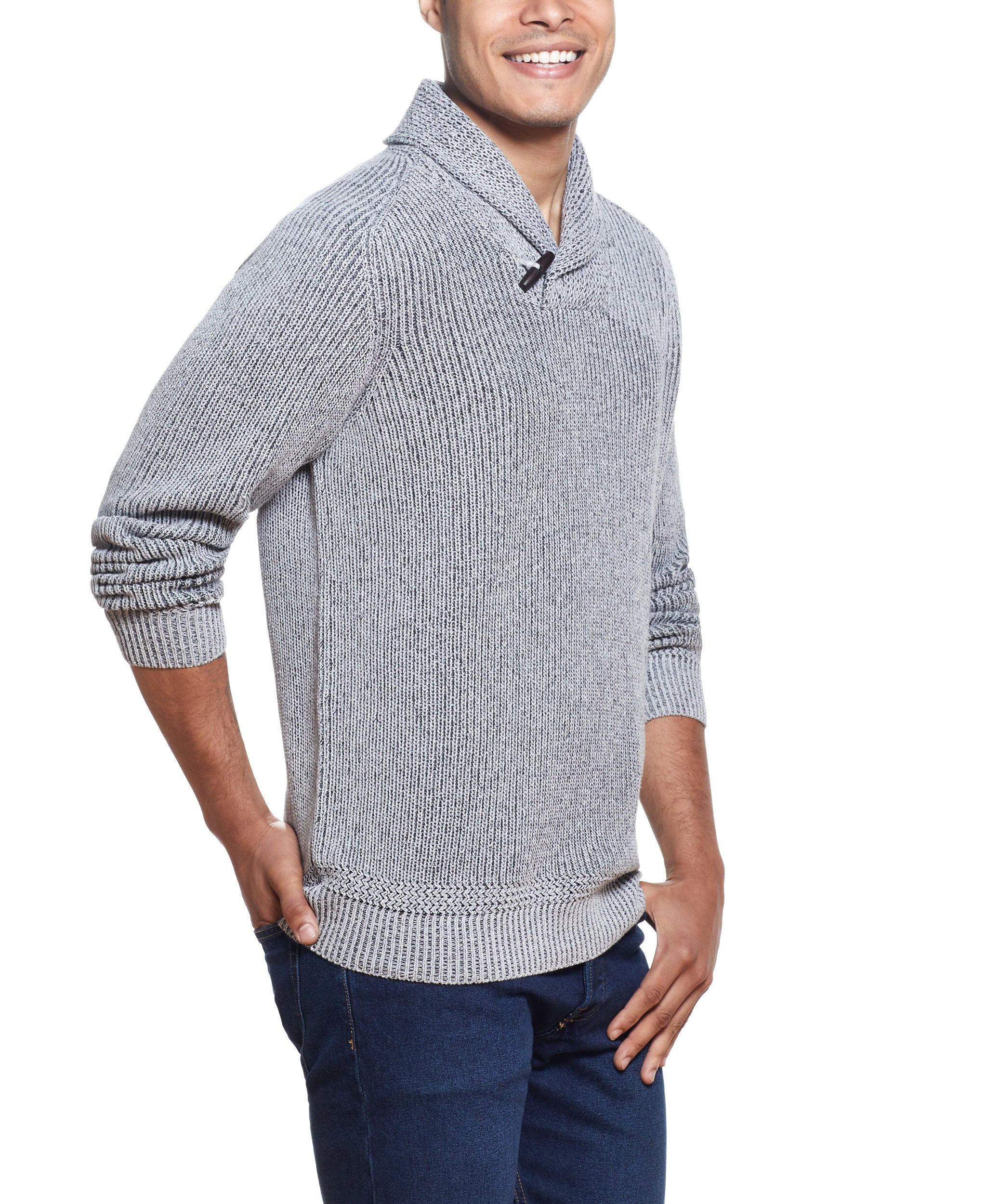 SHAKER TOGGLE SHAWL COLLAR SWEATER IN LIGHT GREY