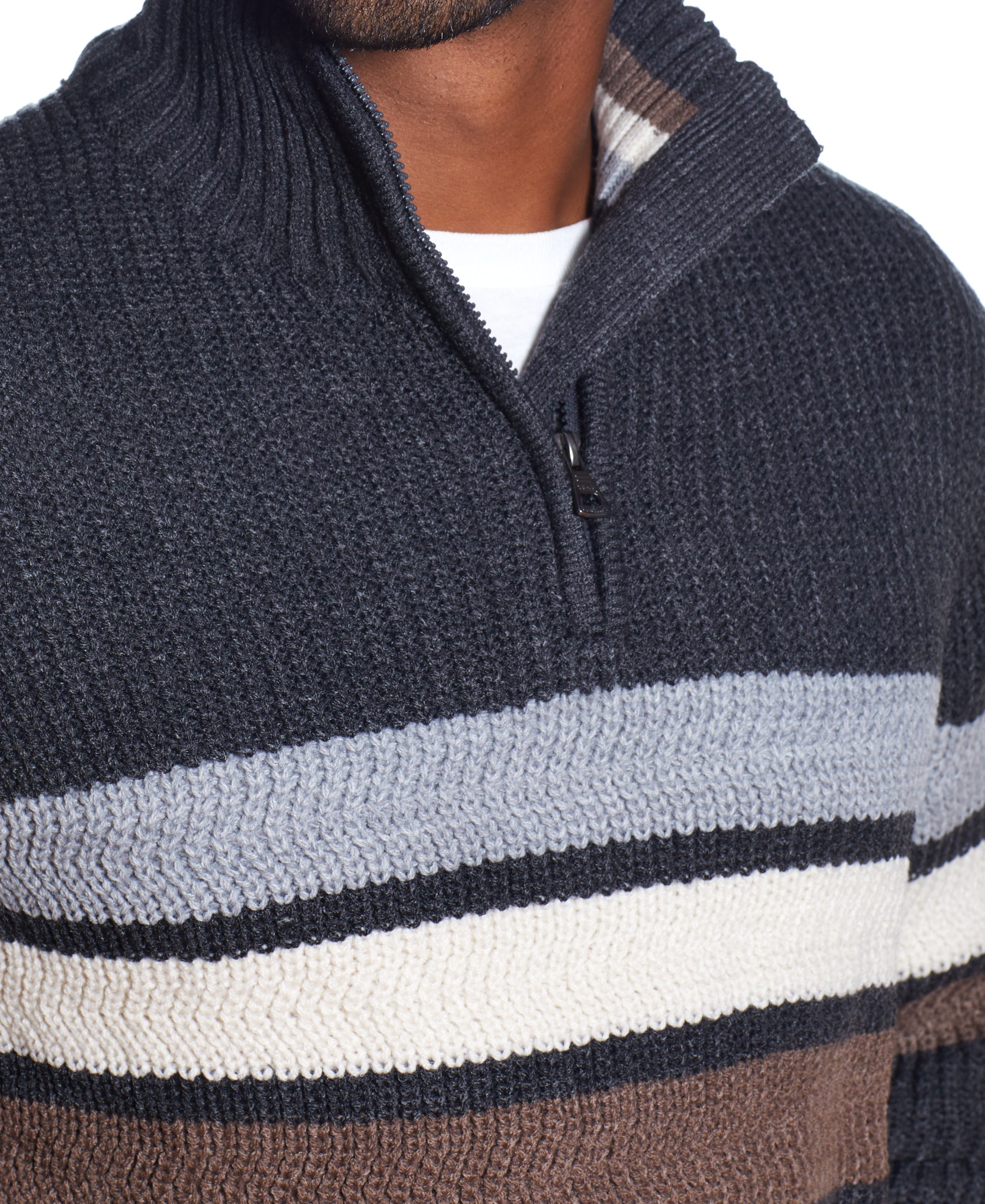 1/2 ZIP SHAKER STITCH STRIPE SWEATER IN CARBON HEATHER