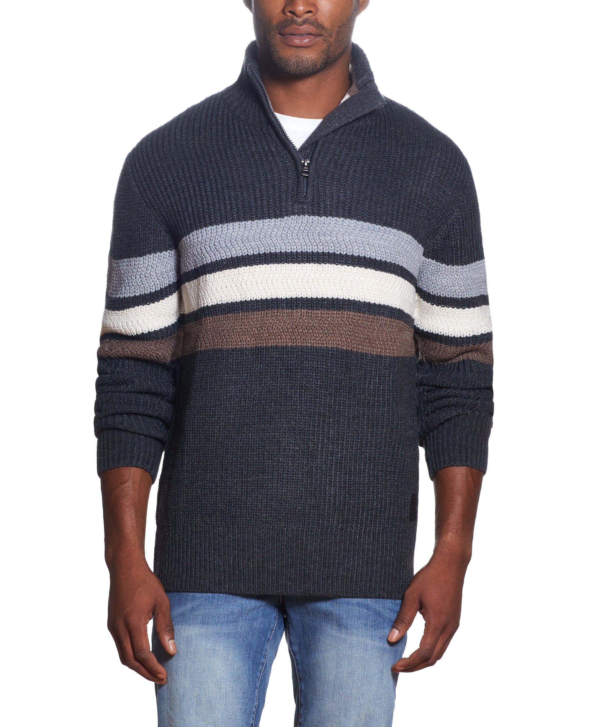 1/2 ZIP SHAKER STITCH STRIPE SWEATER IN CARBON HEATHER