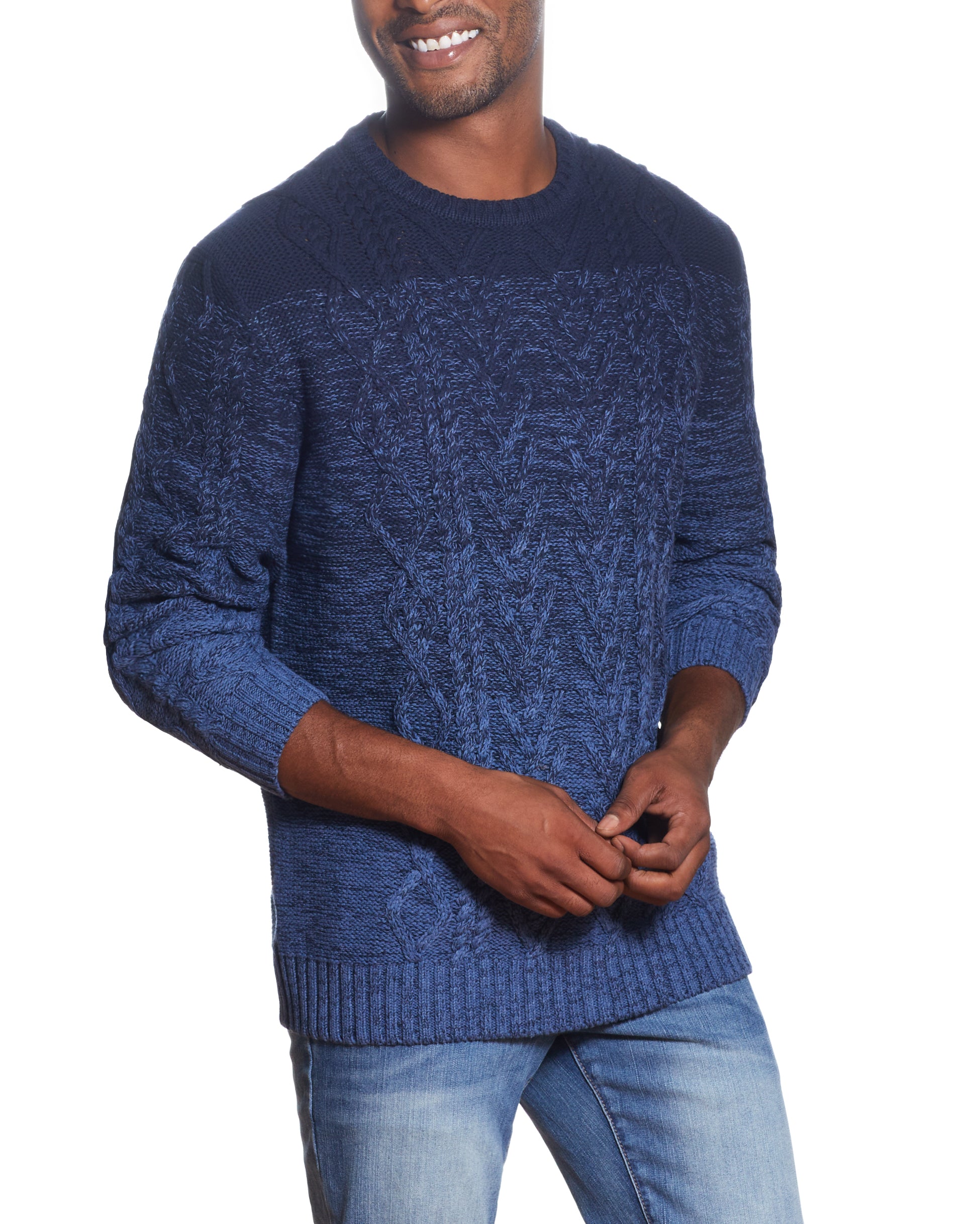 OMBRE CABLE CREW NECK SWEATER IN DENIM TWIST