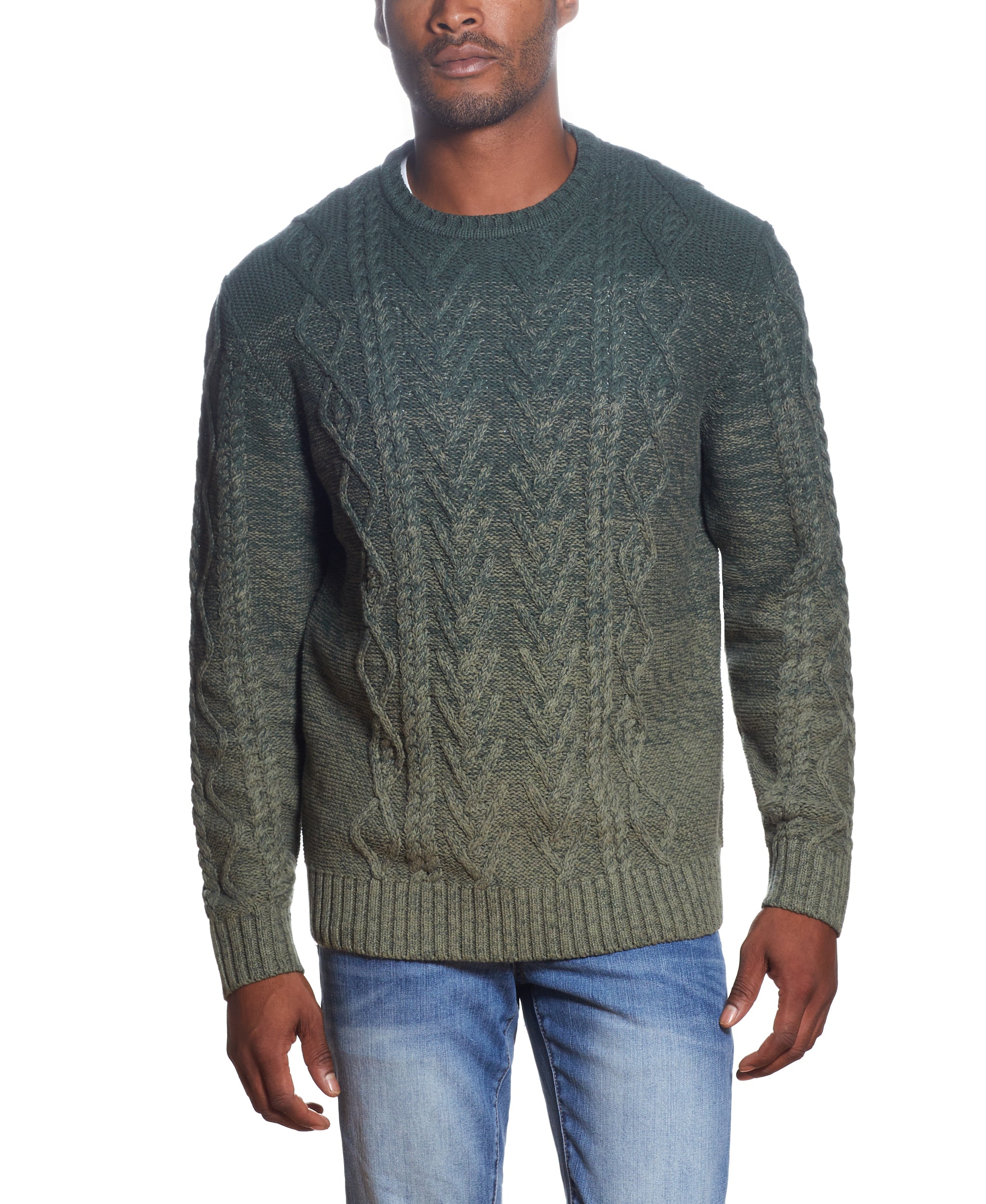 OMBRE CABLE CREW NECK SWEATER IN OLIVE TWIST