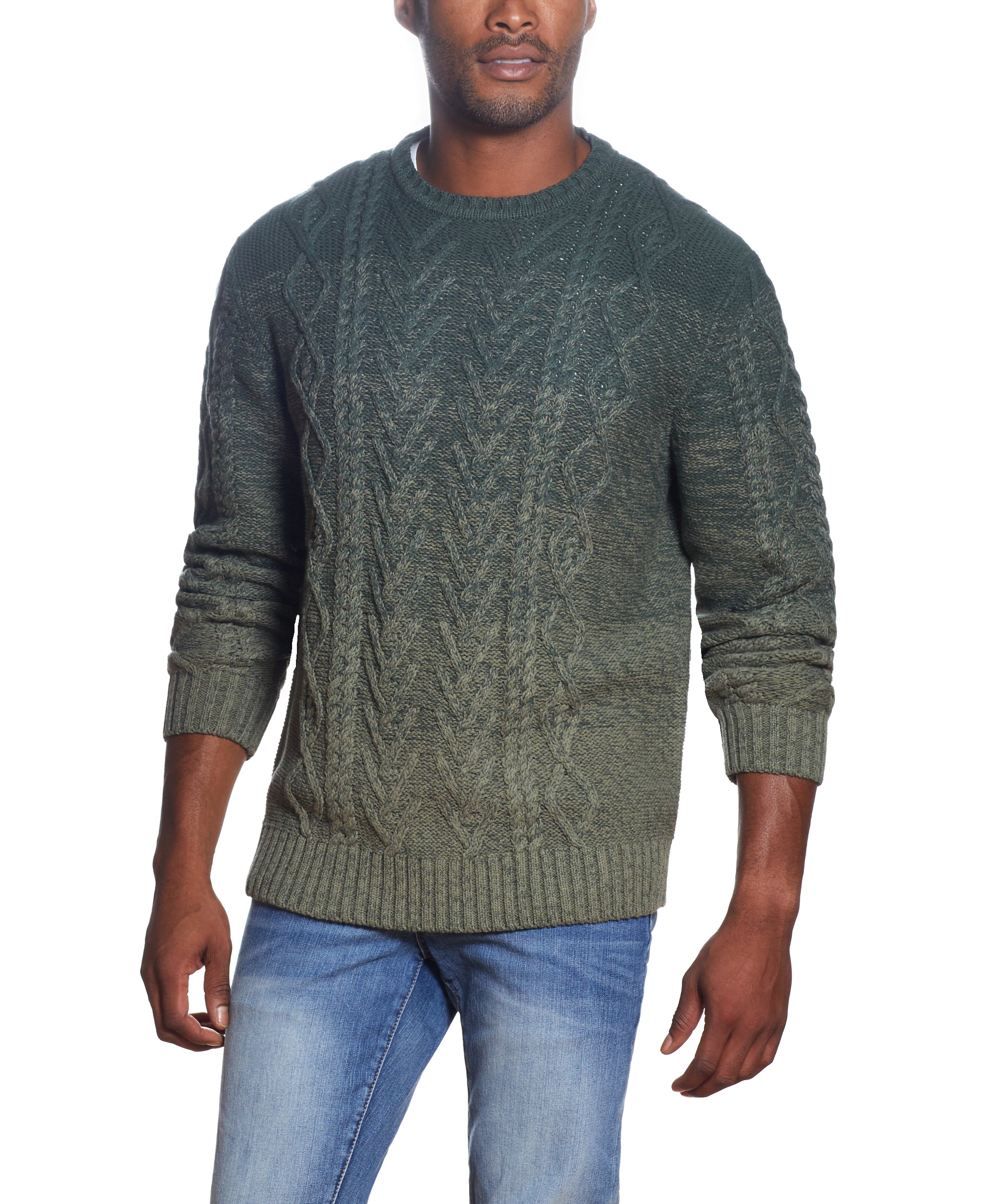 OMBRE CABLE CREW NECK SWEATER IN OLIVE TWIST