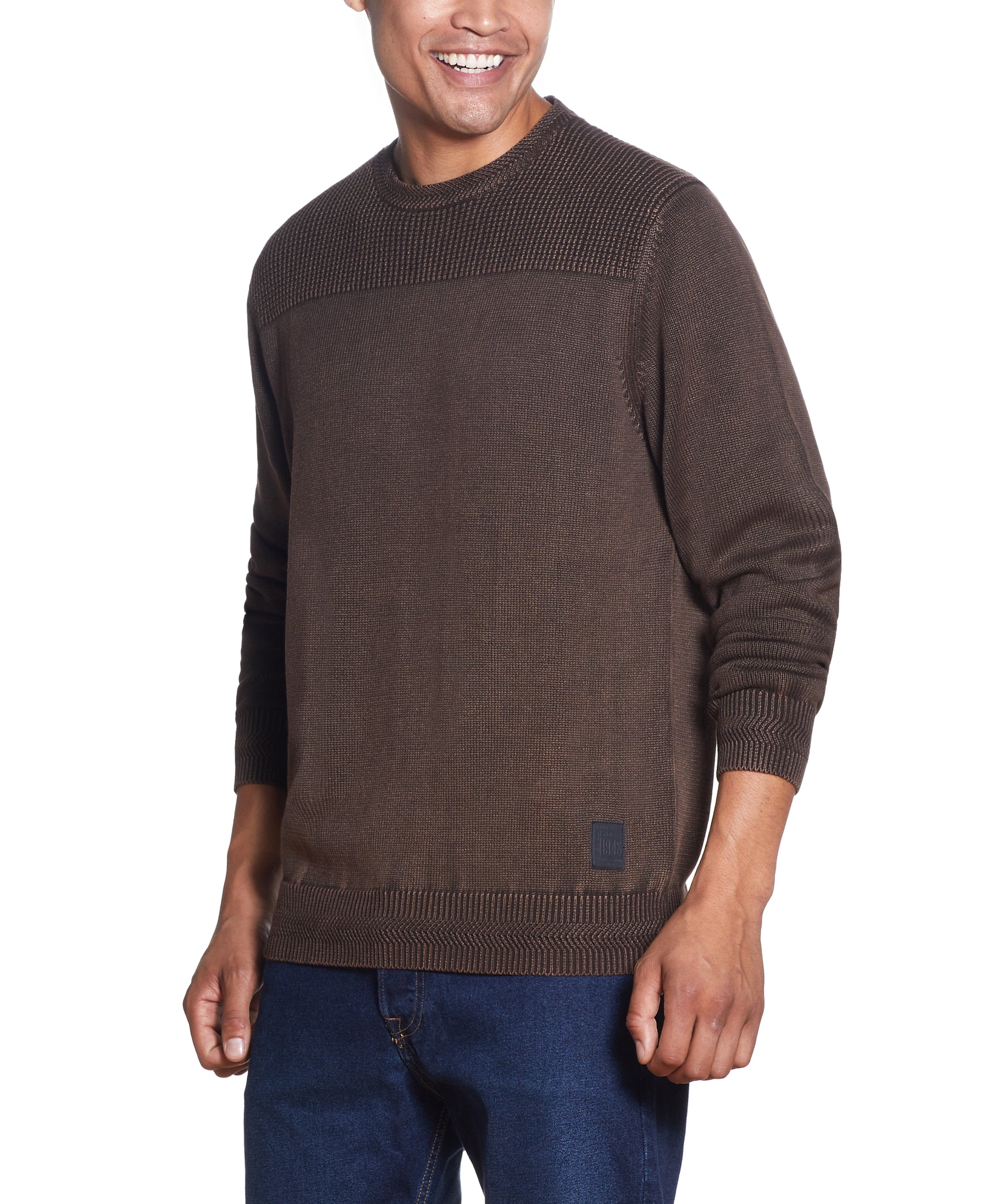 STONEWASH SHAKER SITICH CREW SWEATER IN DARK MOLE