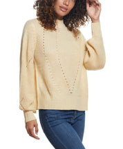 Sparkly Open Back Ballon Sleeve Mock Neck Sweater In Light Beige