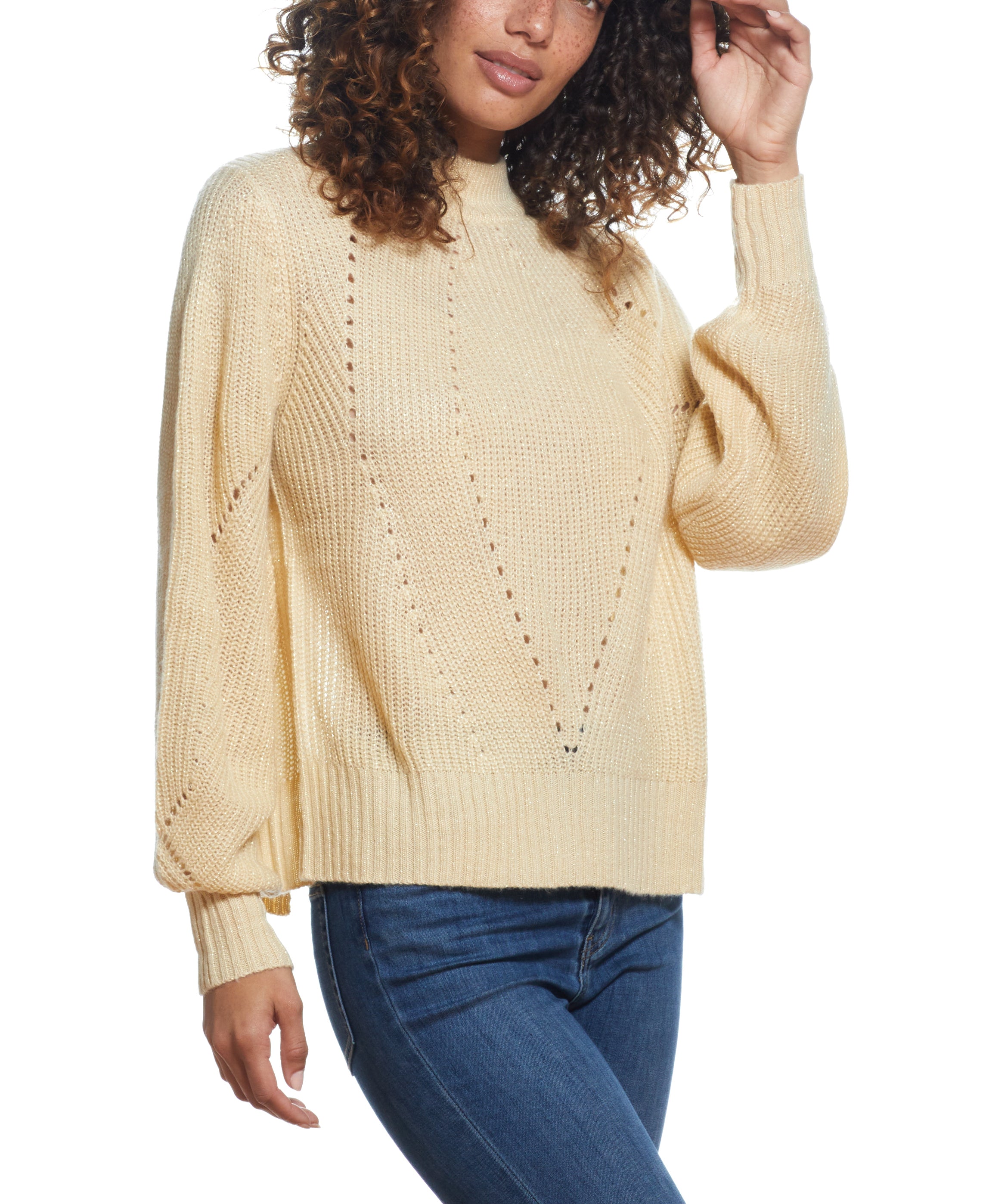 SPARKLY OPEN BACK BALLON SLEEVE MOCK NECK SWEATER in LIGHT BEIGE