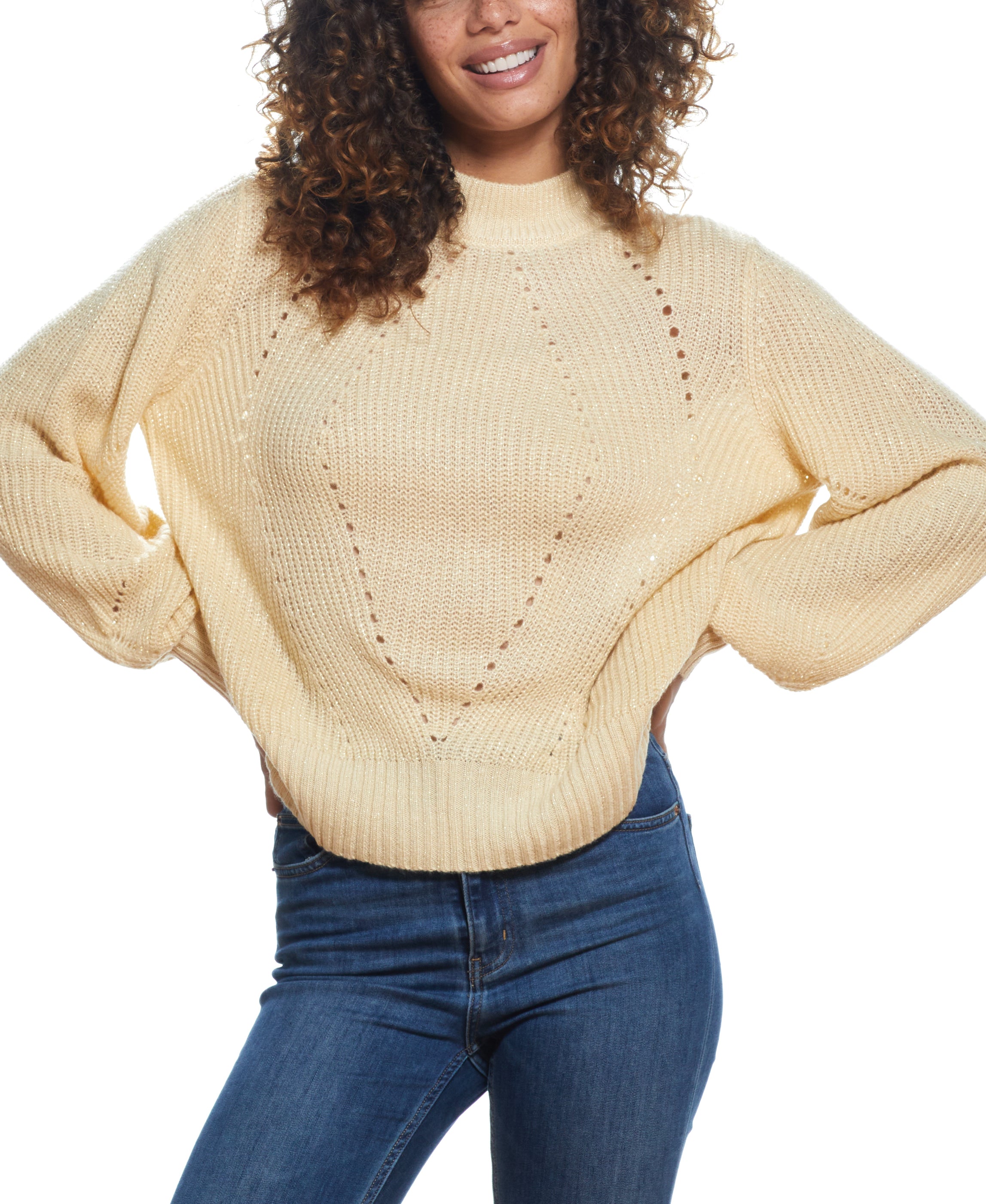 SPARKLY OPEN BACK BALLON SLEEVE MOCK NECK SWEATER in LIGHT BEIGE