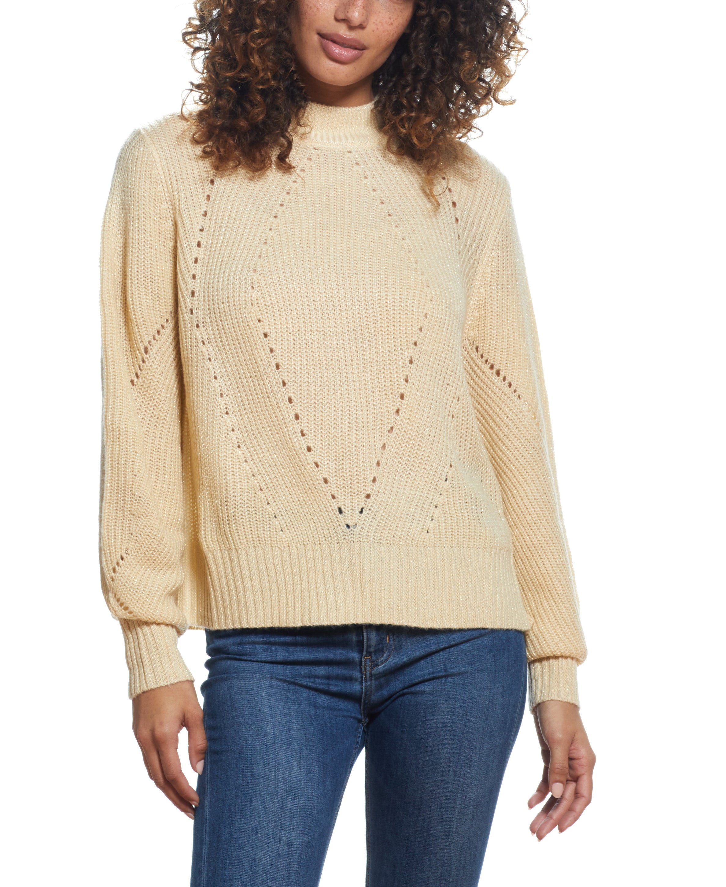 SPARKLY OPEN BACK BALLON SLEEVE MOCK NECK SWEATER in LIGHT BEIGE