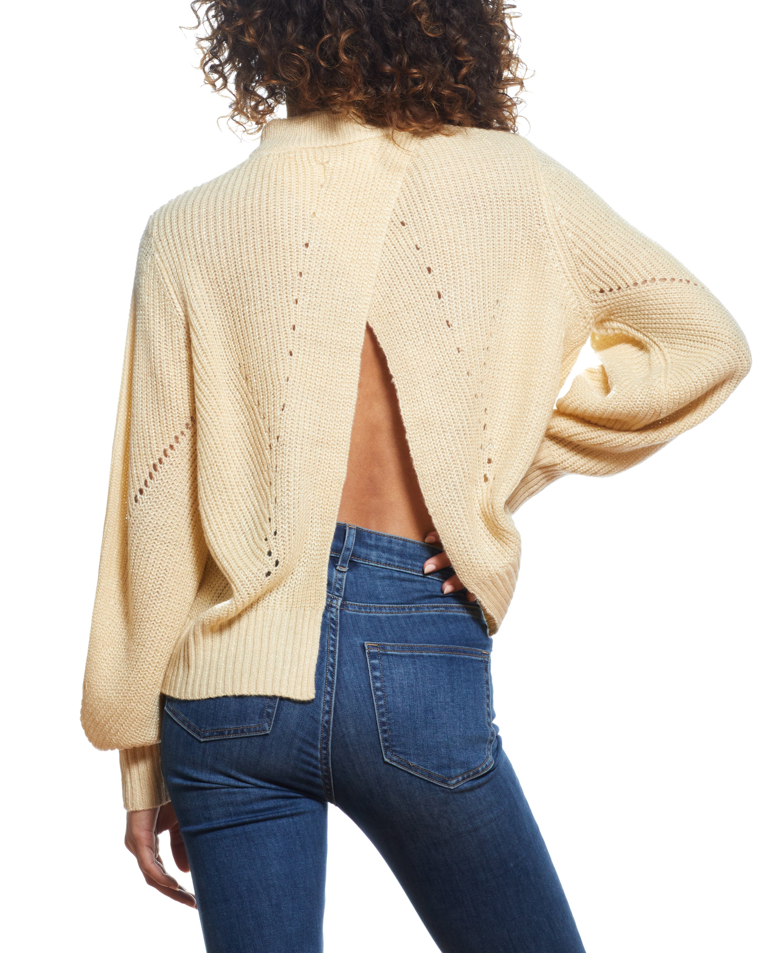 SPARKLY OPEN BACK BALLON SLEEVE MOCK NECK SWEATER in LIGHT BEIGE