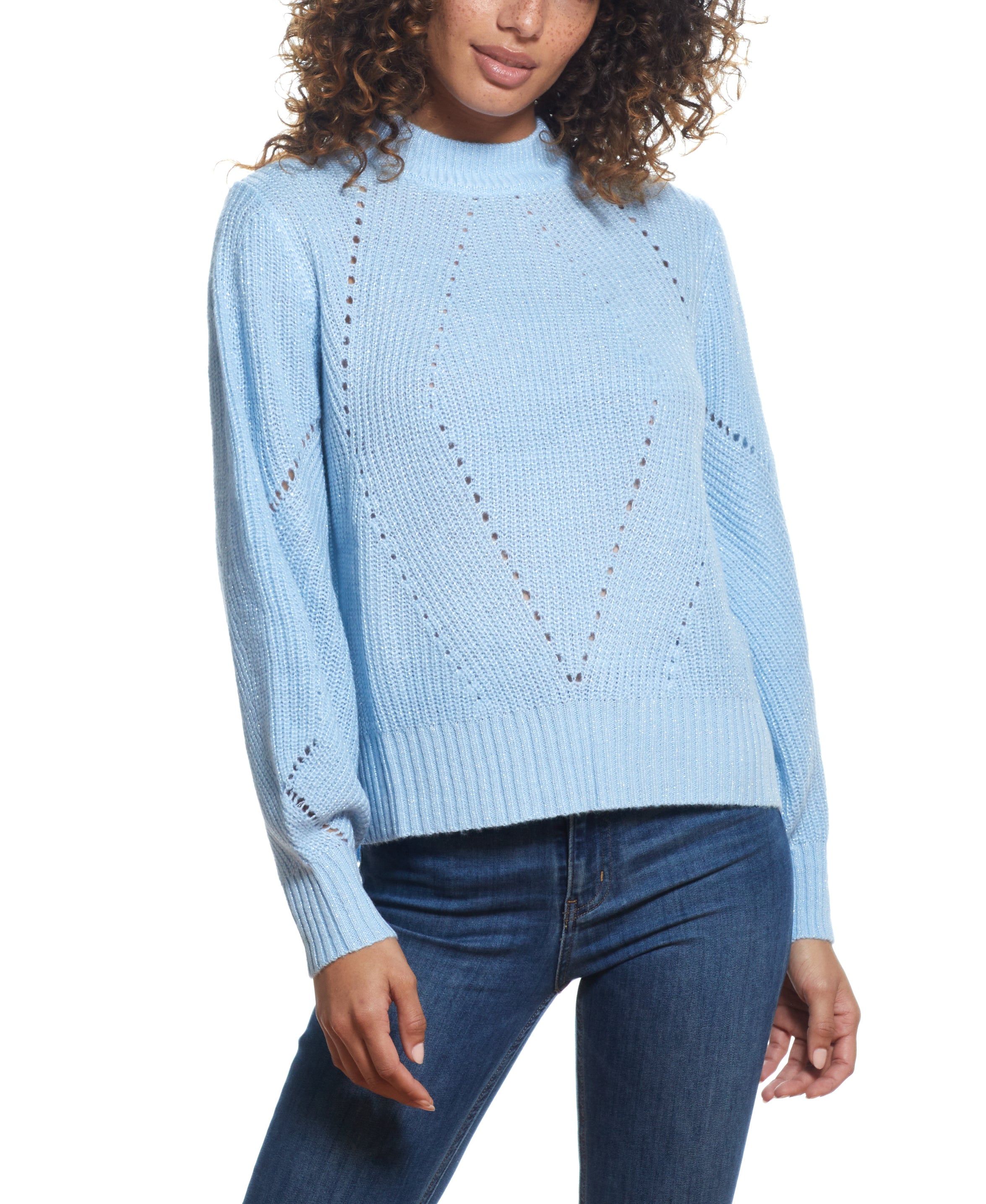 SPARKLY OPEN BACK BALLON SLEEVE MOCK NECK SWEATER in LIGHT BLUE