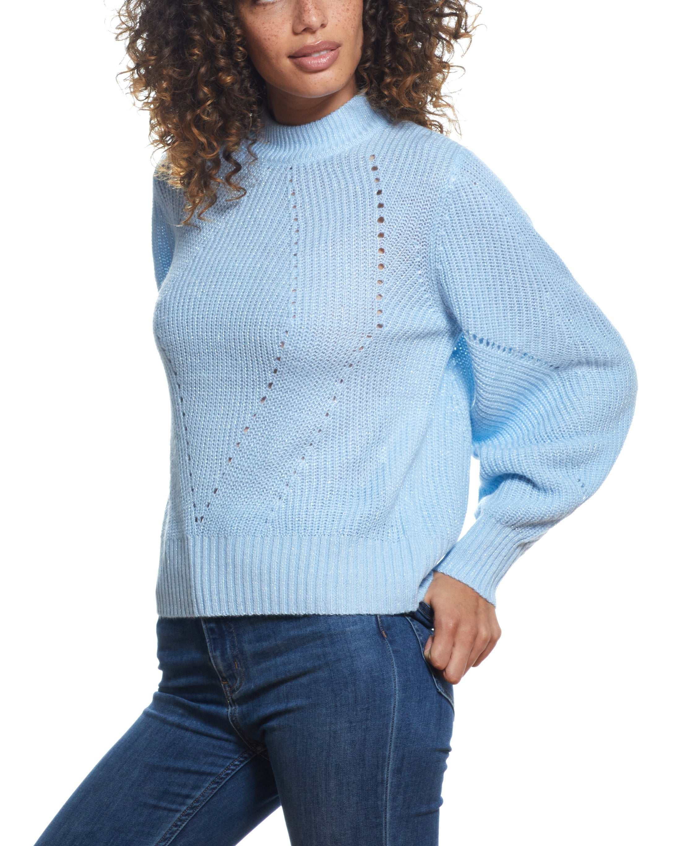SPARKLY OPEN BACK BALLON SLEEVE MOCK NECK SWEATER in LIGHT BLUE
