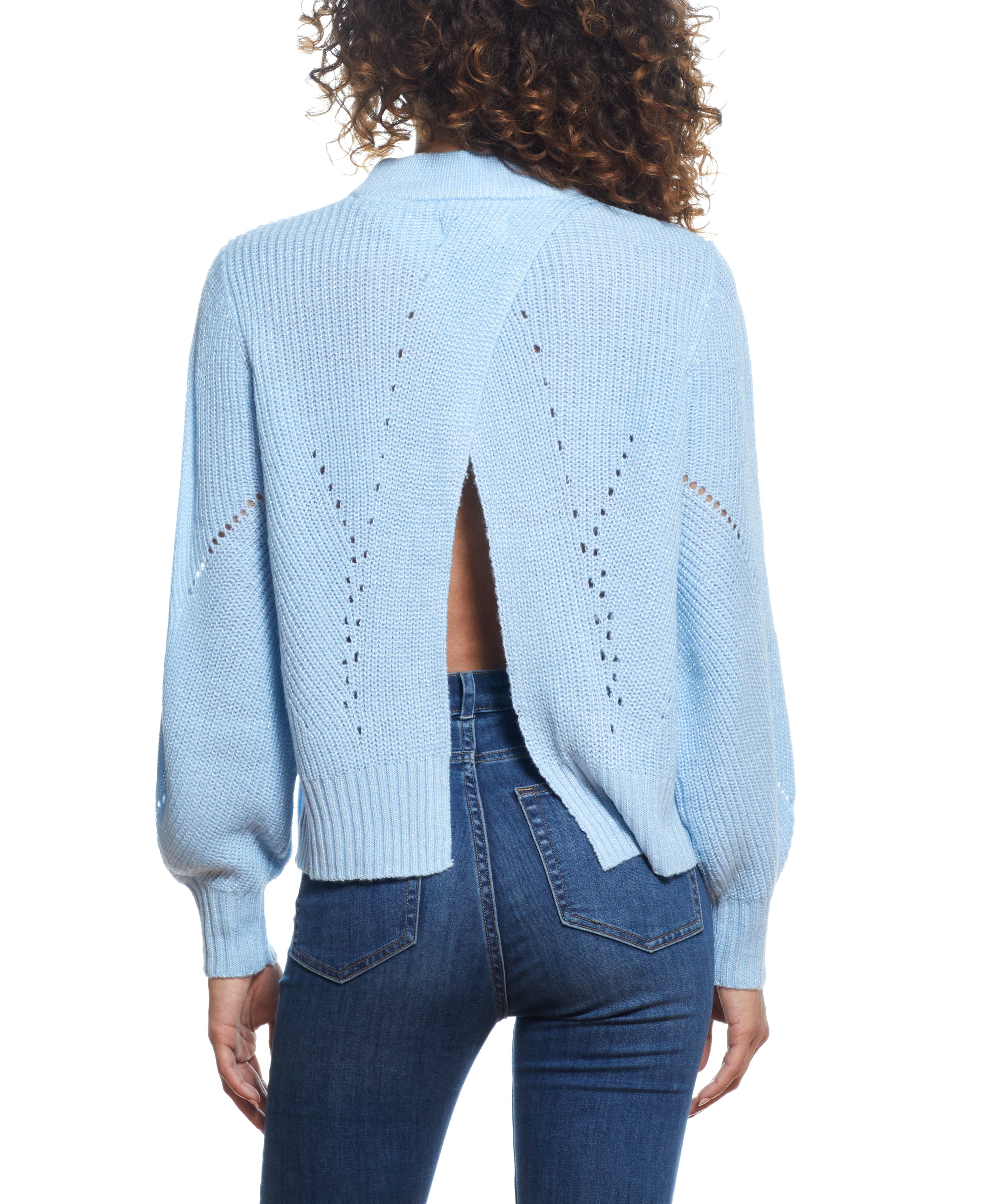 SPARKLY OPEN BACK BALLON SLEEVE MOCK NECK SWEATER in LIGHT BLUE