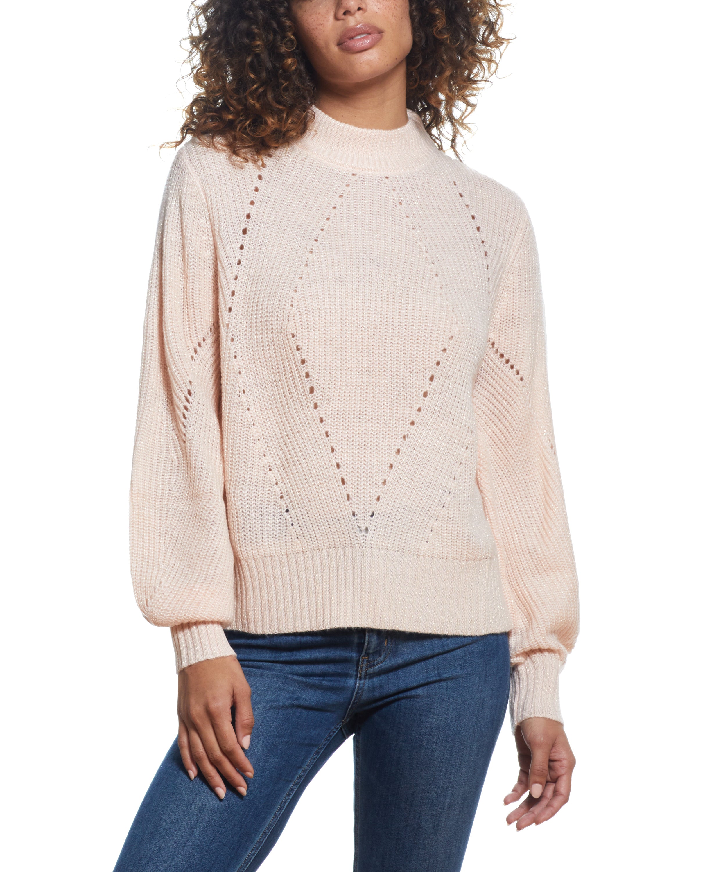 SPARKLY OPEN BACK BALLON SLEEVE MOCK NECK SWEATER in LIGHT PINK