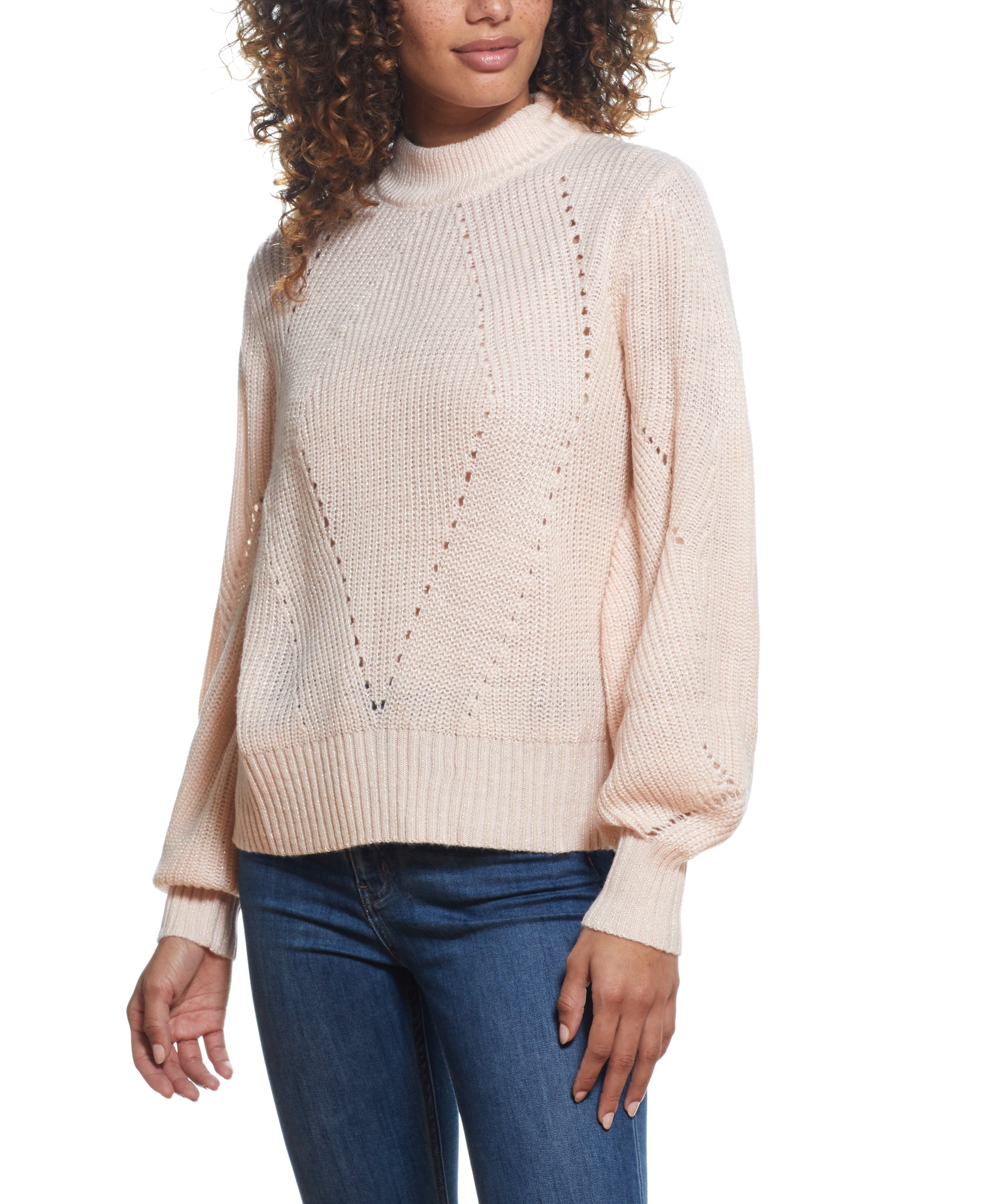 SPARKLY OPEN BACK BALLON SLEEVE MOCK NECK SWEATER in LIGHT PINK