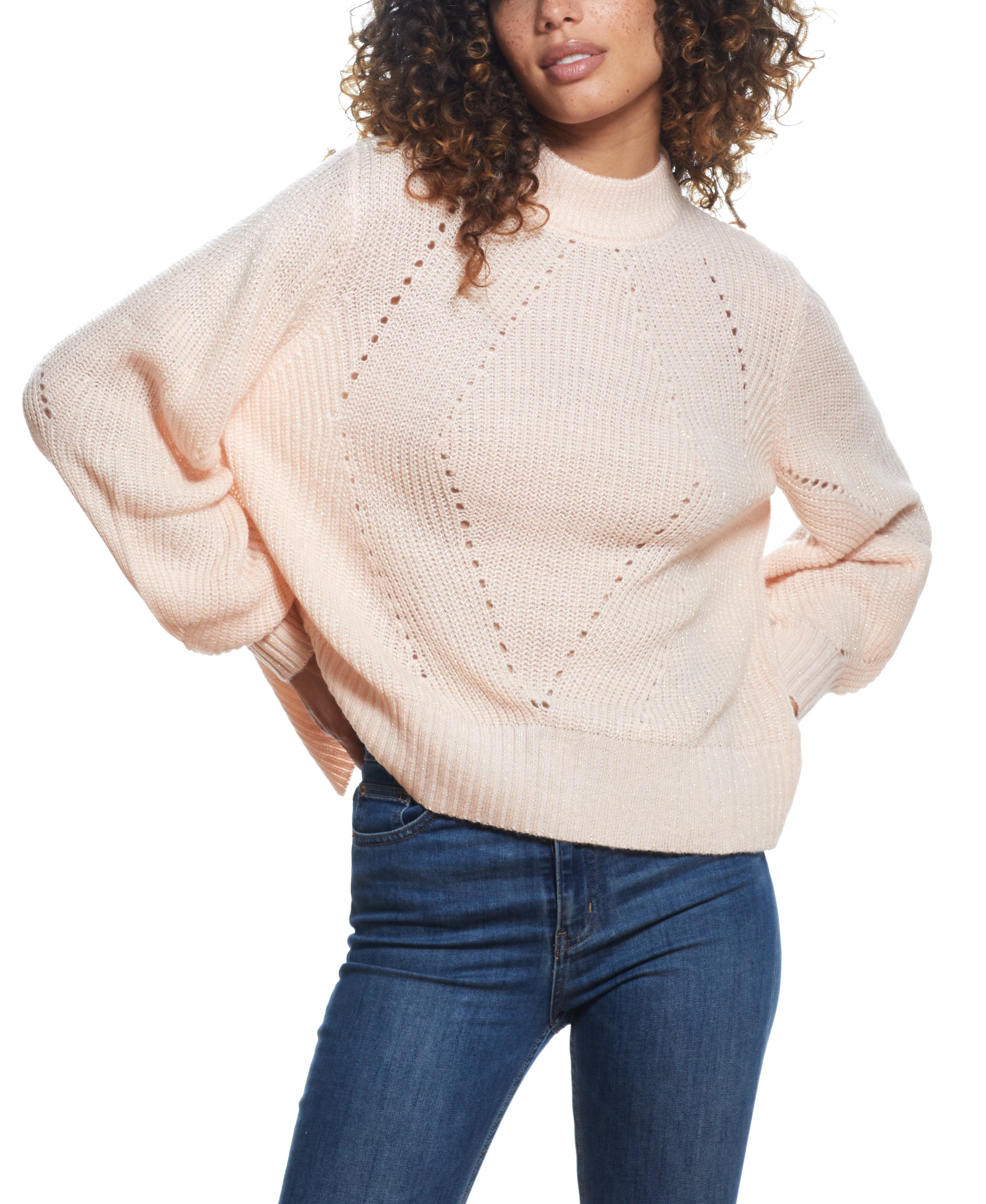 SPARKLY OPEN BACK BALLON SLEEVE MOCK NECK SWEATER in LIGHT PINK