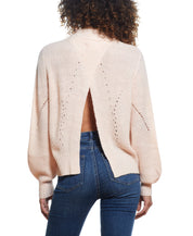 SPARKLY OPEN BACK BALLON SLEEVE MOCK NECK SWEATER in LIGHT PINK
