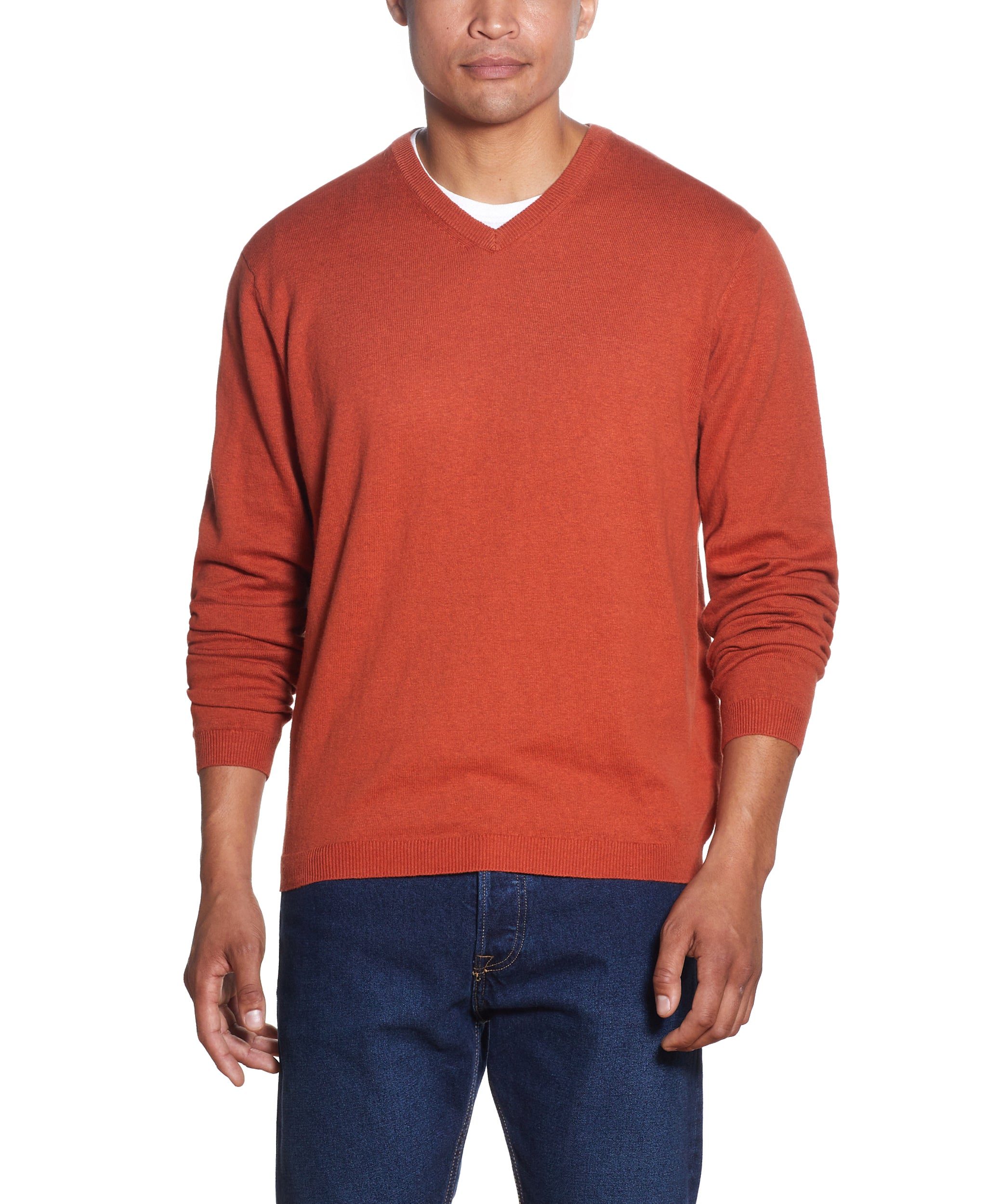 Cotton Cashmere V Neck Sweater in Color Pumpkin