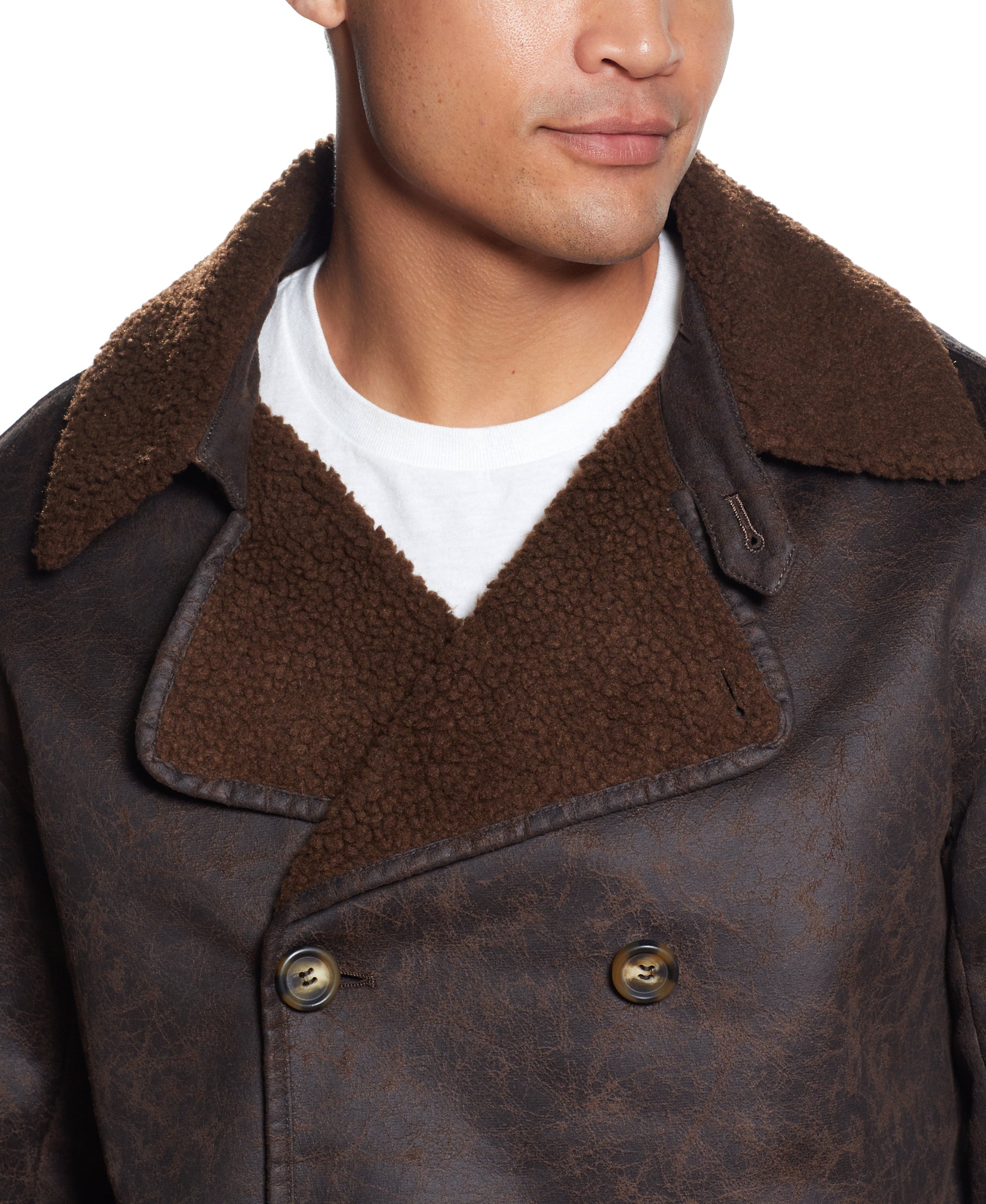 DOUBLE BREASTED FAUX SHEARLING COAT IN BROWN