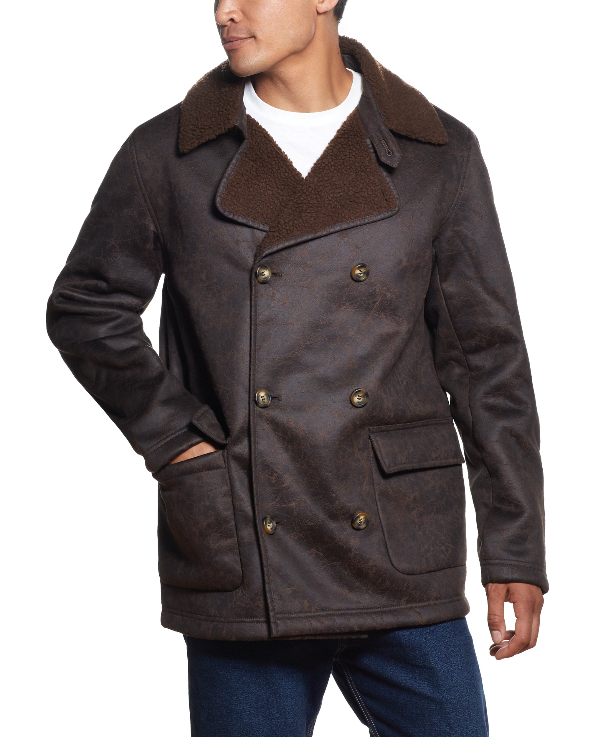 DOUBLE BREASTED FAUX SHEARLING COAT IN BROWN