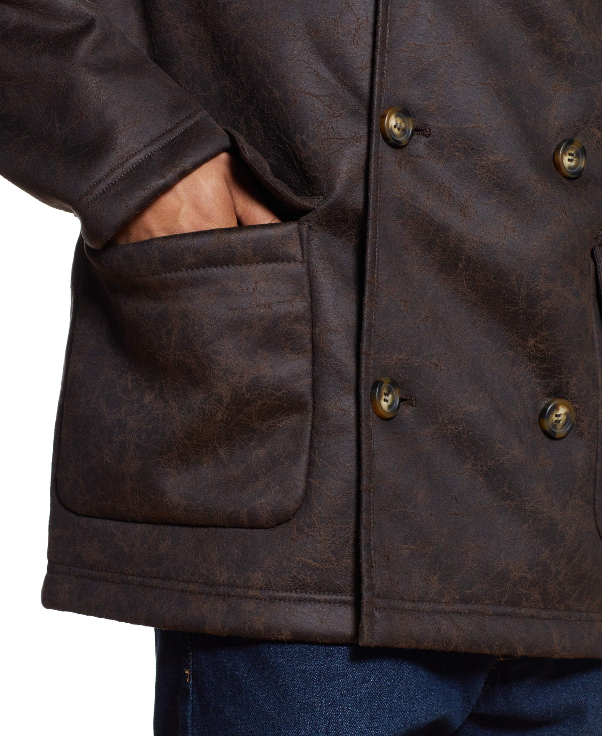 DOUBLE BREASTED FAUX SHEARLING COAT IN BROWN