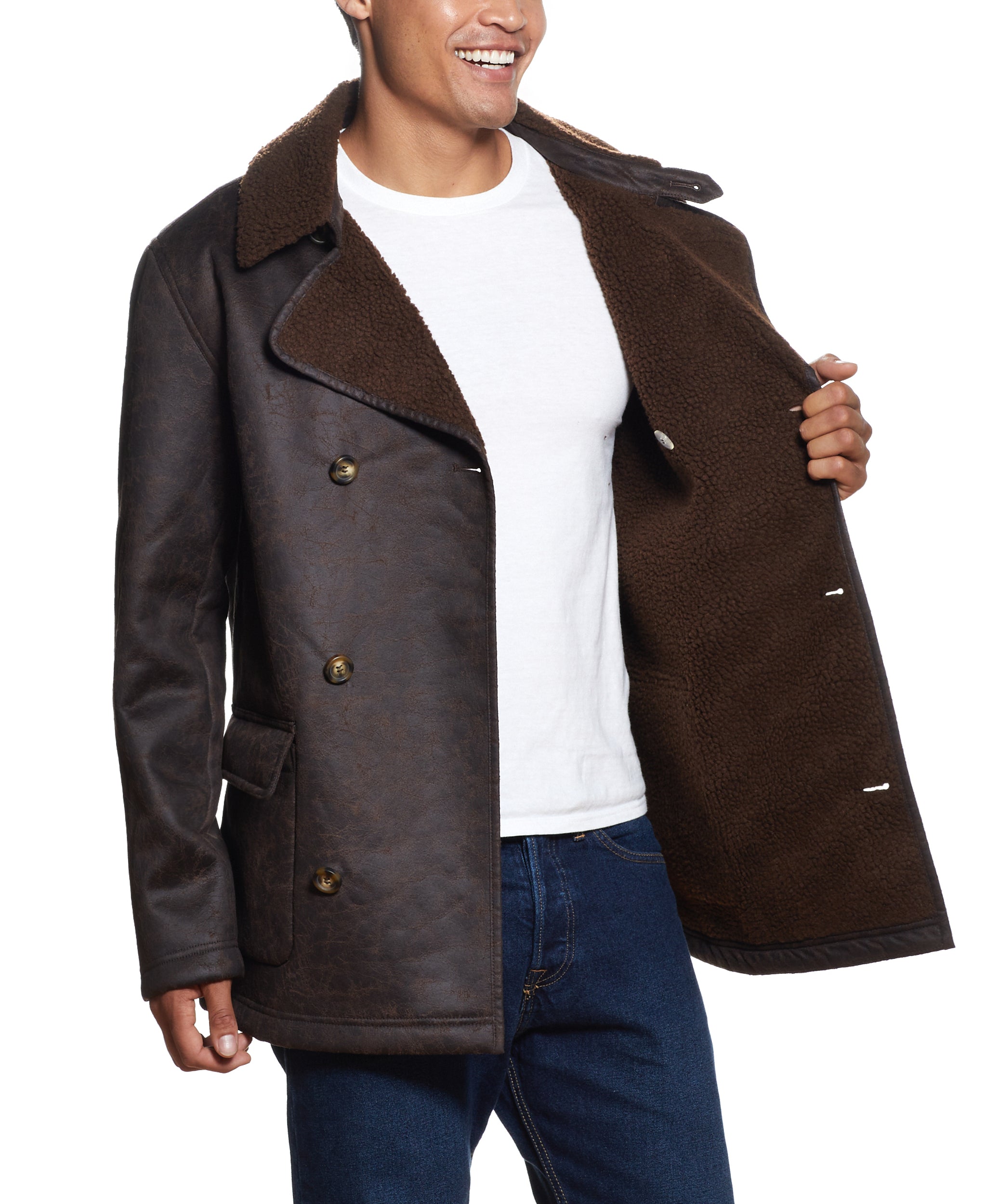 DOUBLE BREASTED FAUX SHEARLING COAT IN BROWN