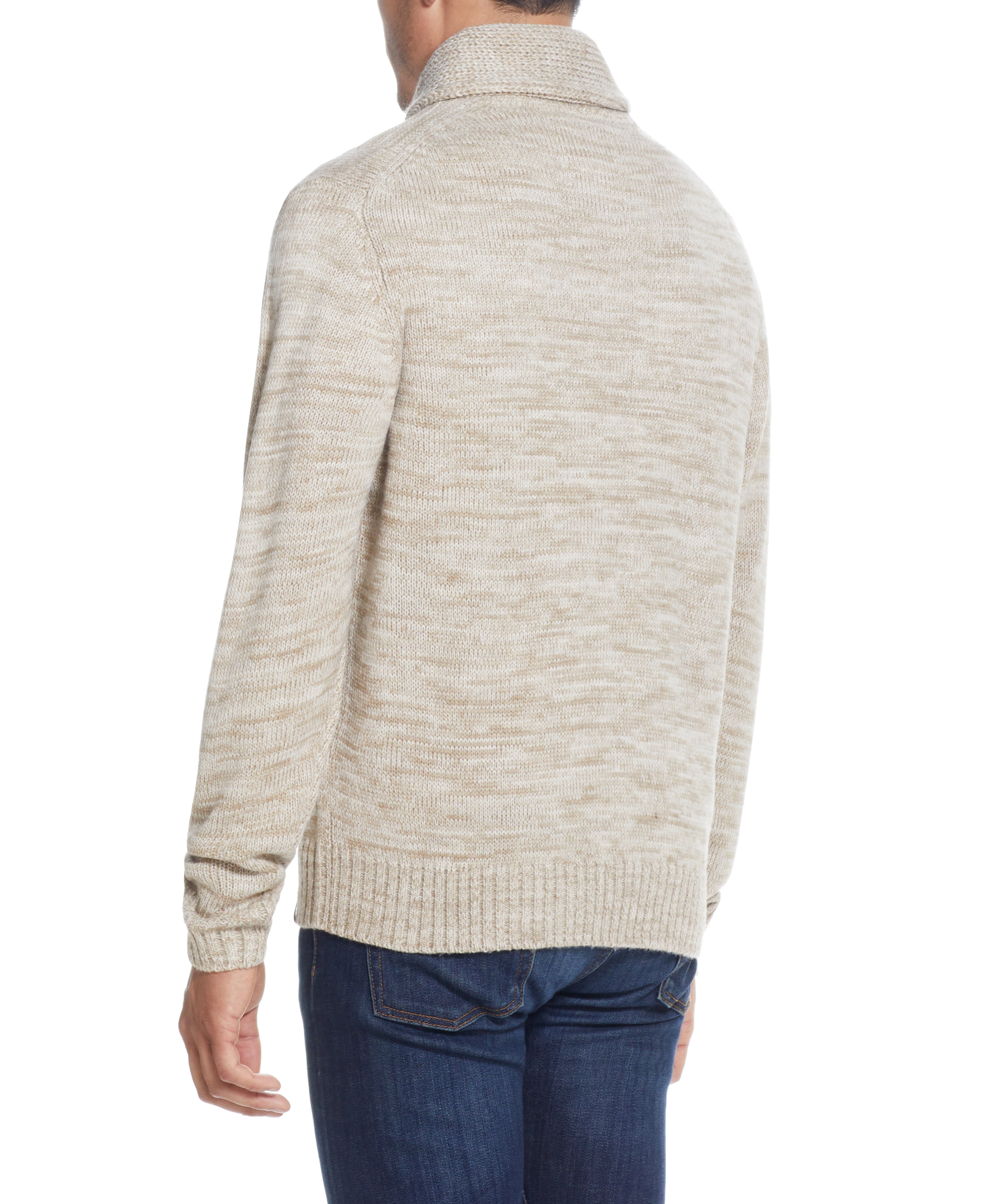 FISHERMAN SHAWL SWEATER IN LIGHT KHAKI viewed from the back, showcasing the relaxed fit and rib-knit hem.