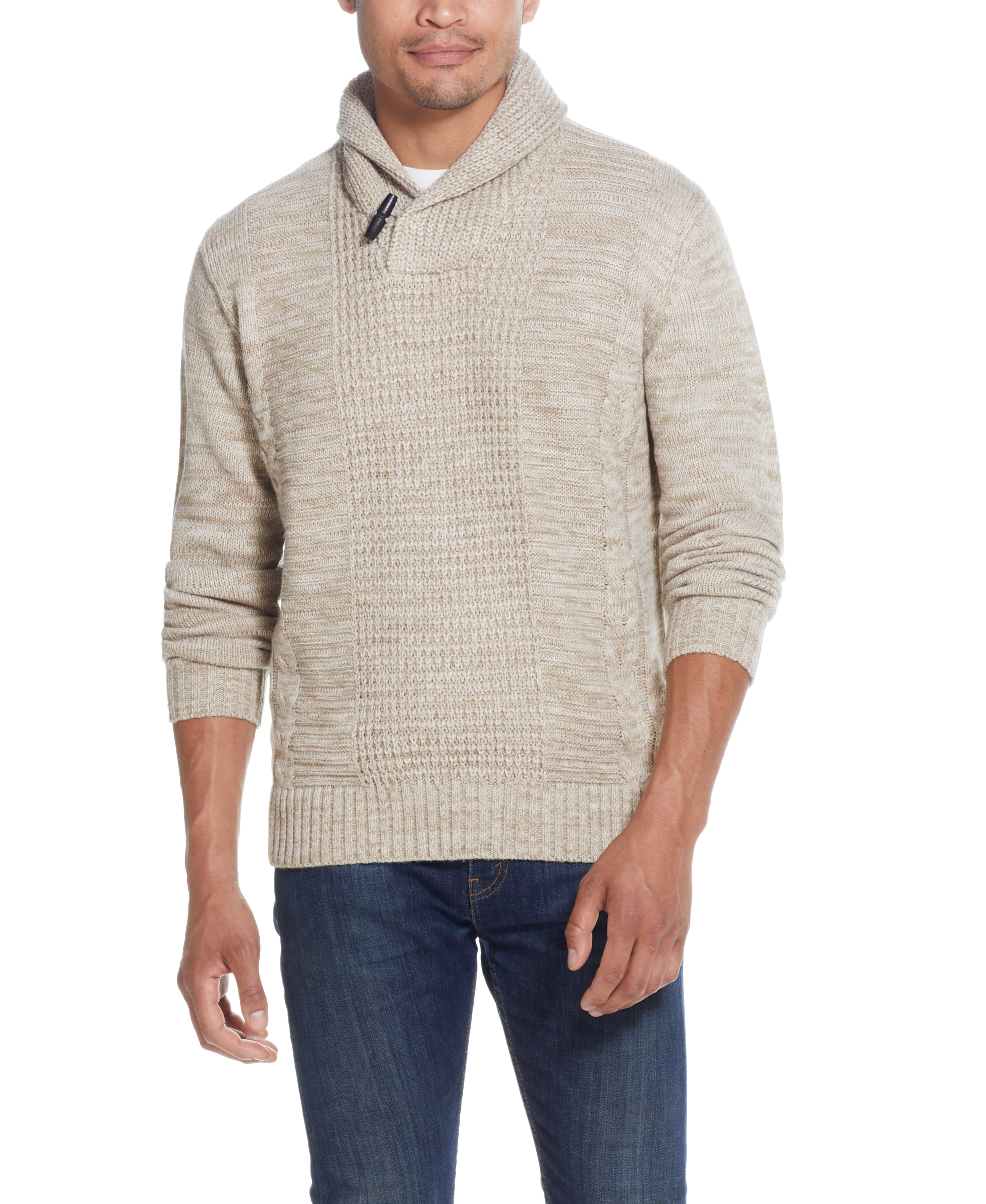 FISHERMAN SHAWL SWEATER IN LIGHT KHAKI featuring a relaxed fit and traditional cable pattern.
