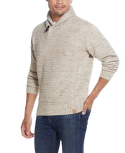 FISHERMAN SHAWL SWEATER IN LIGHT KHAKI, featuring a relaxed fit, toggle button, and traditional cable pattern.