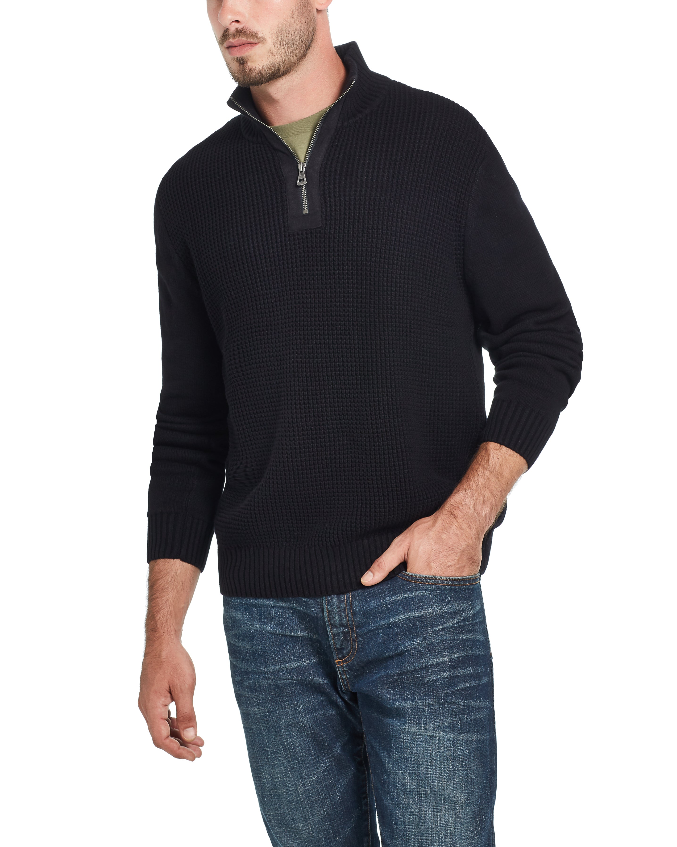 WAFFLE TEXTURE 1/4 ZIP SWEATER in BLUE BLACK