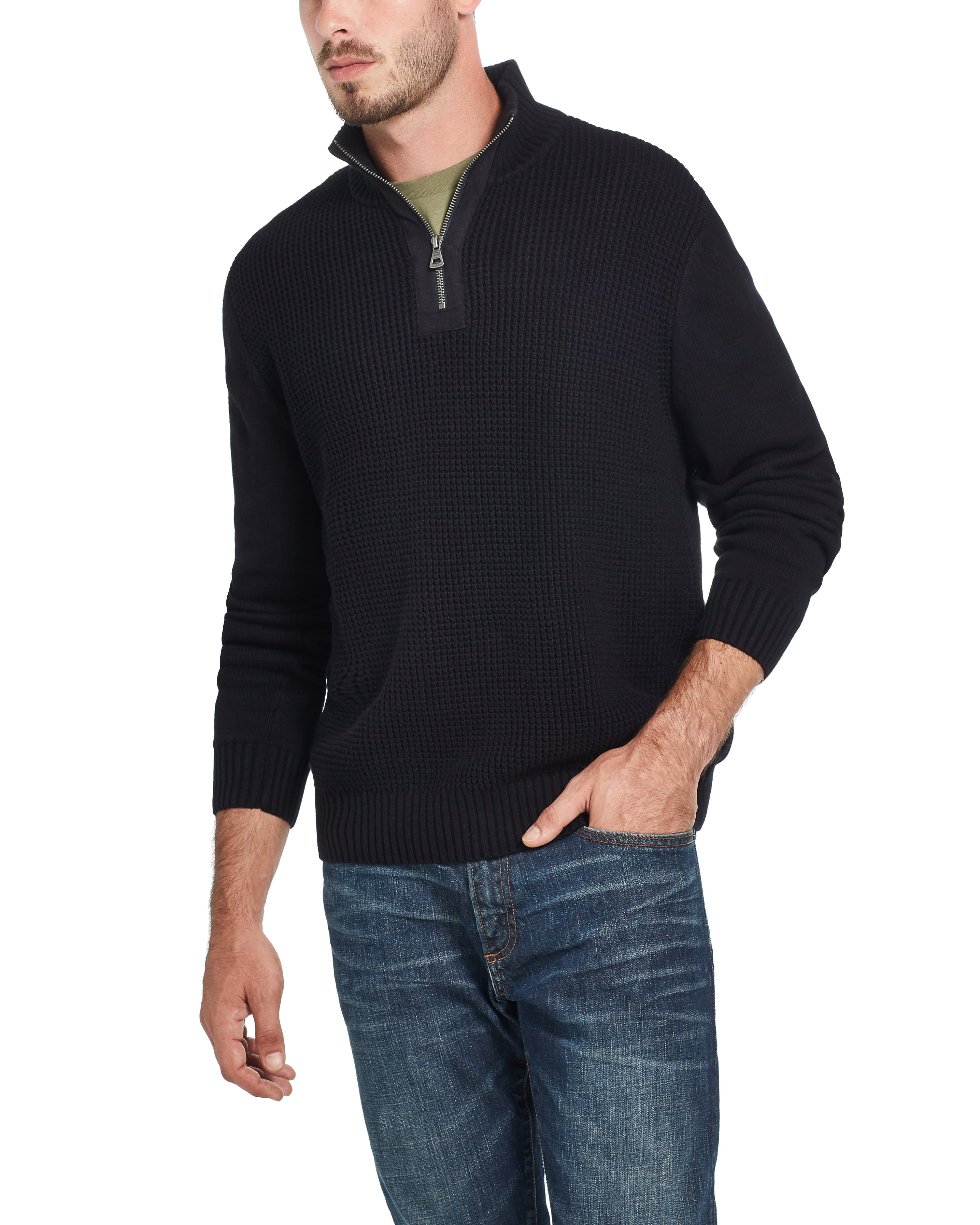 Waffle Texture 1/4 Zip Sweater In Blue Black