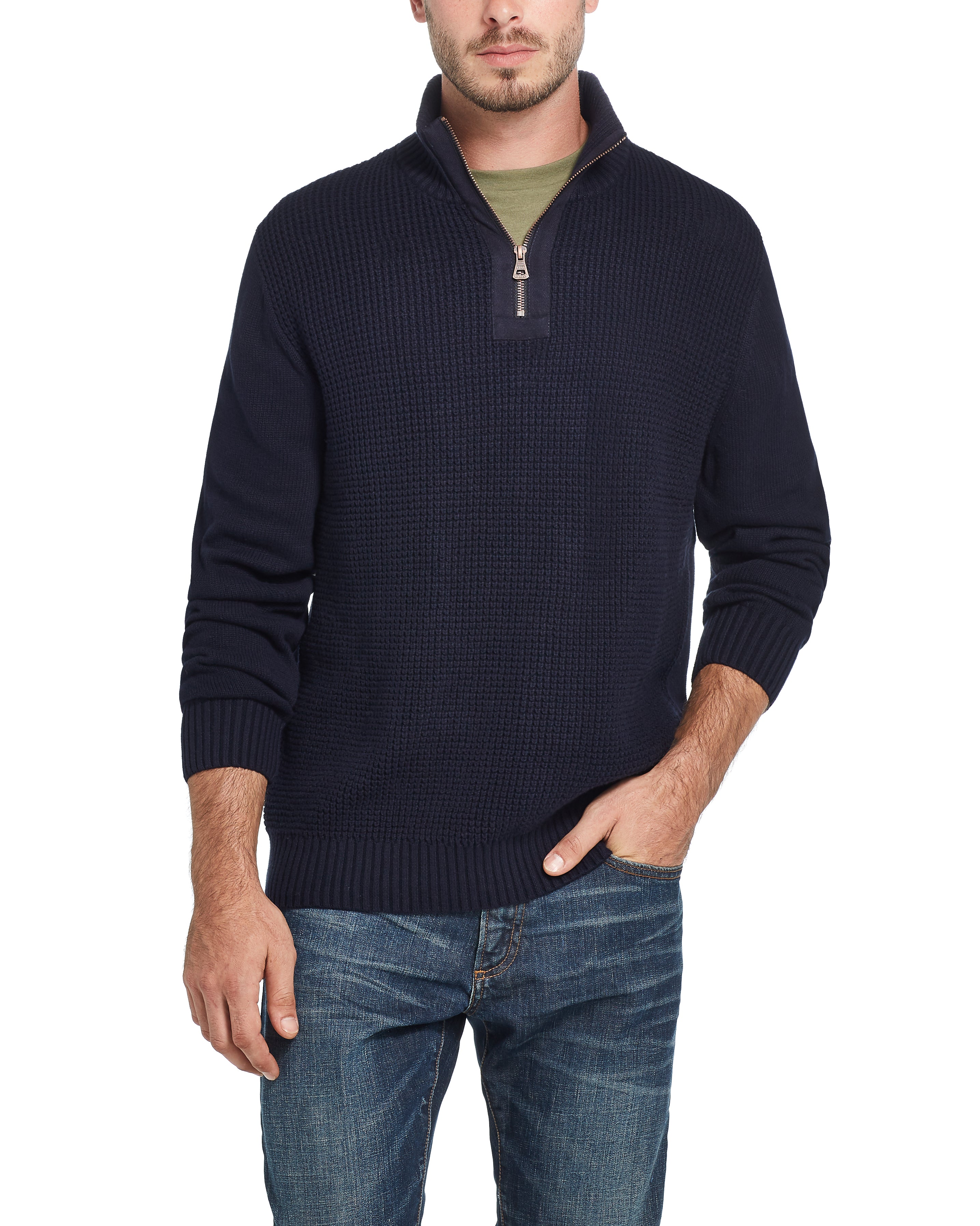 Waffle Texture 1/4 Zip Sweater In Blue Black