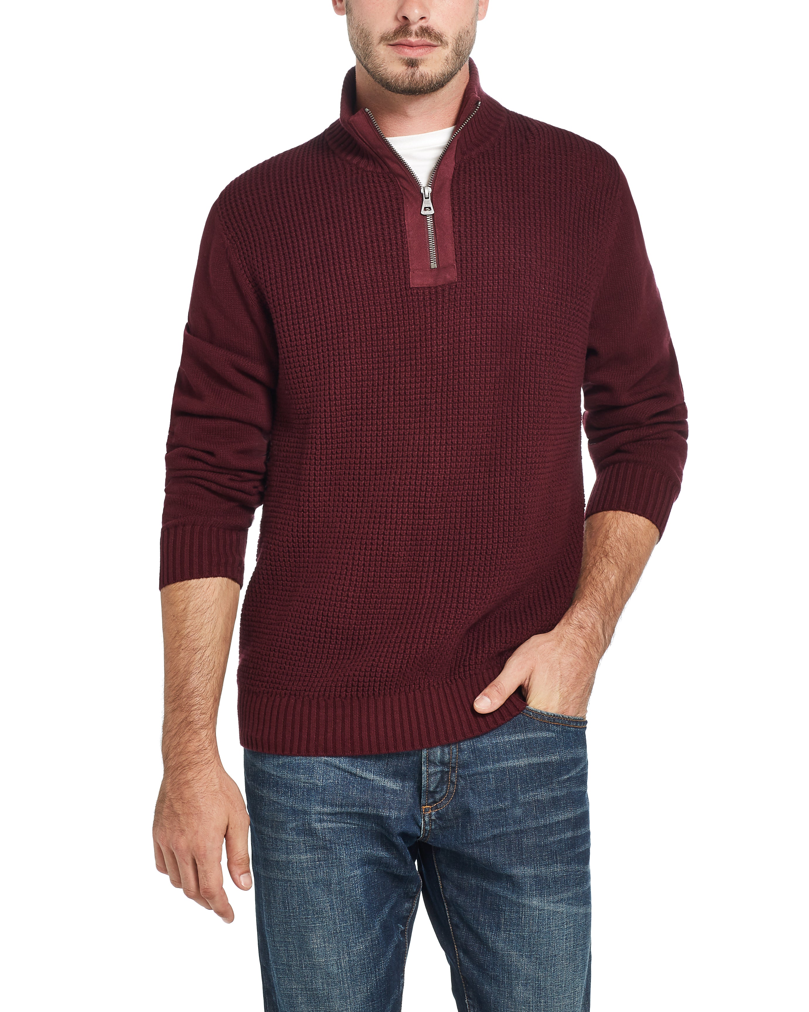 Waffle Texture 1/4 Zip Sweater In Deep Burgundy