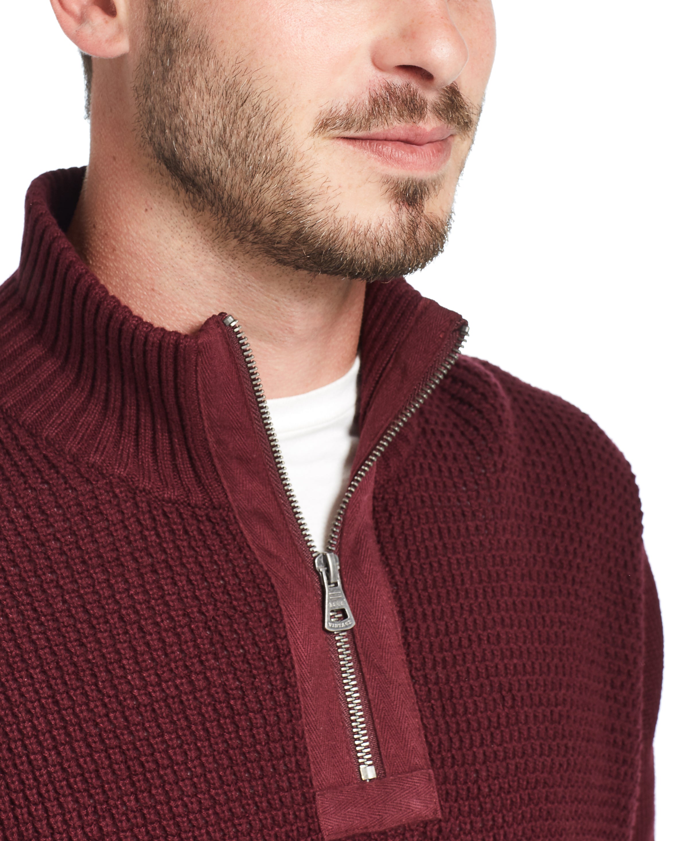 Waffle Texture 1/4 Zip Sweater In Deep Burgundy
