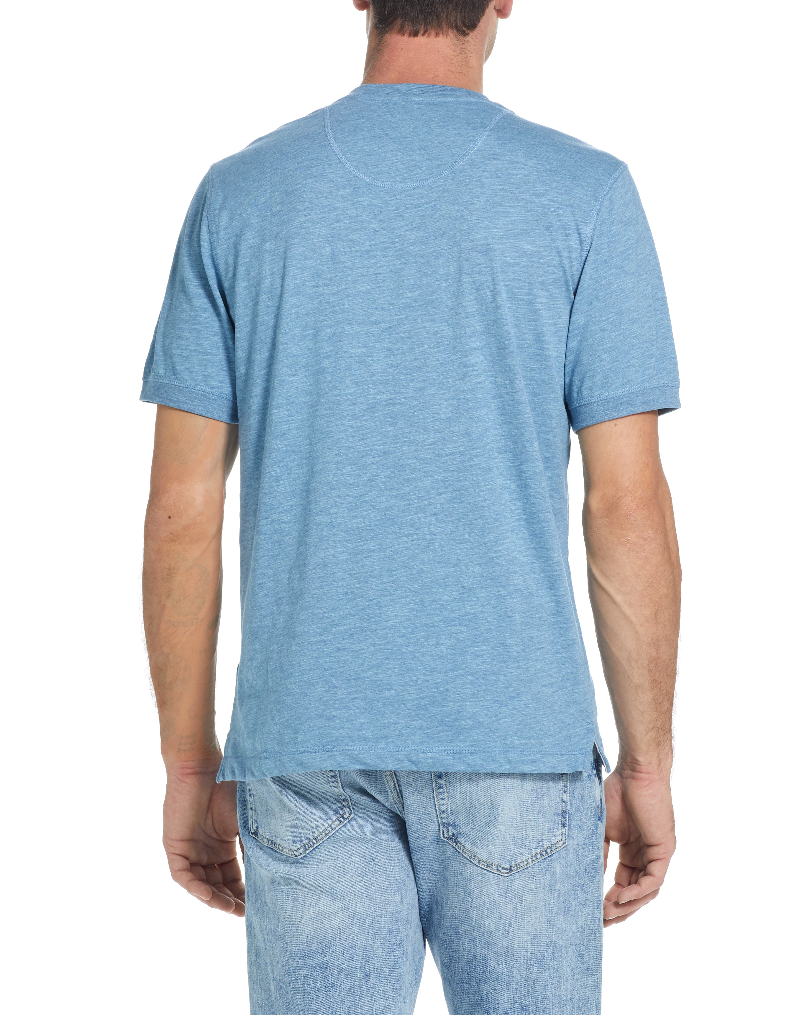 Short Sleeve Melange Henley In Light Faded Denim