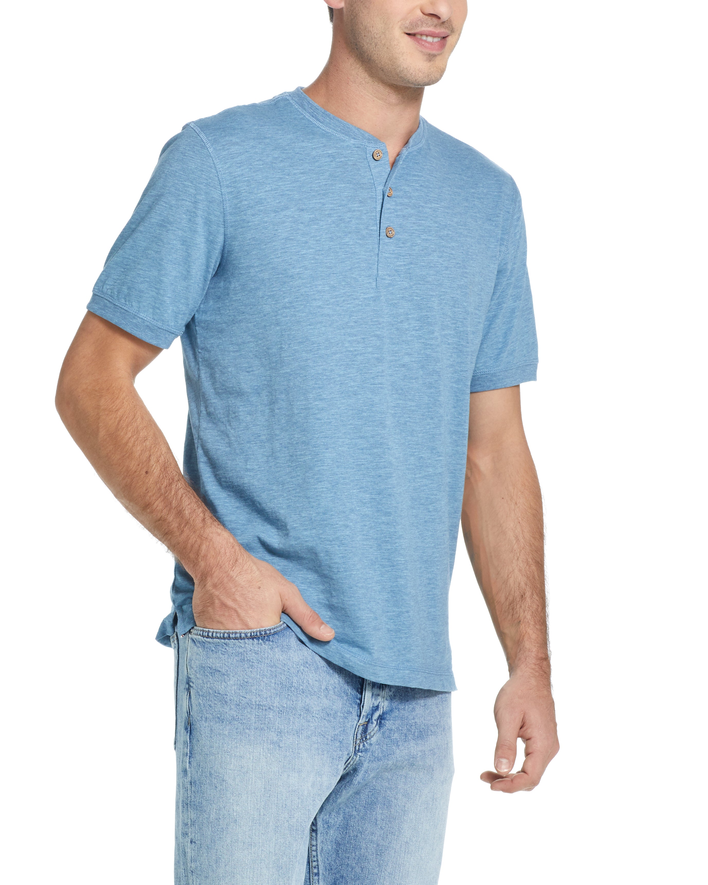 Short Sleeve Melange Henley In Light Faded Denim