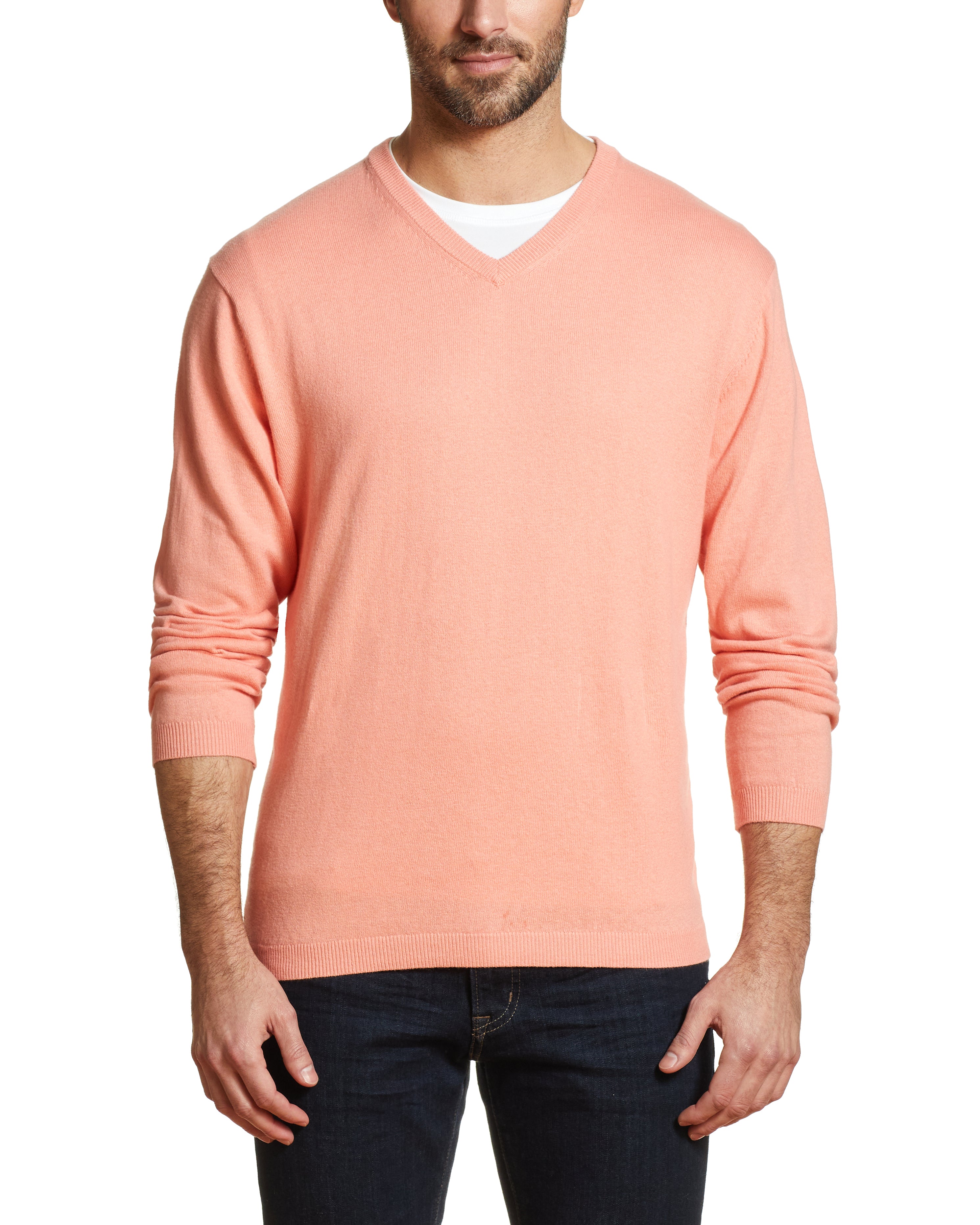 Cotton Cashmere V Neck Sweater in Coral